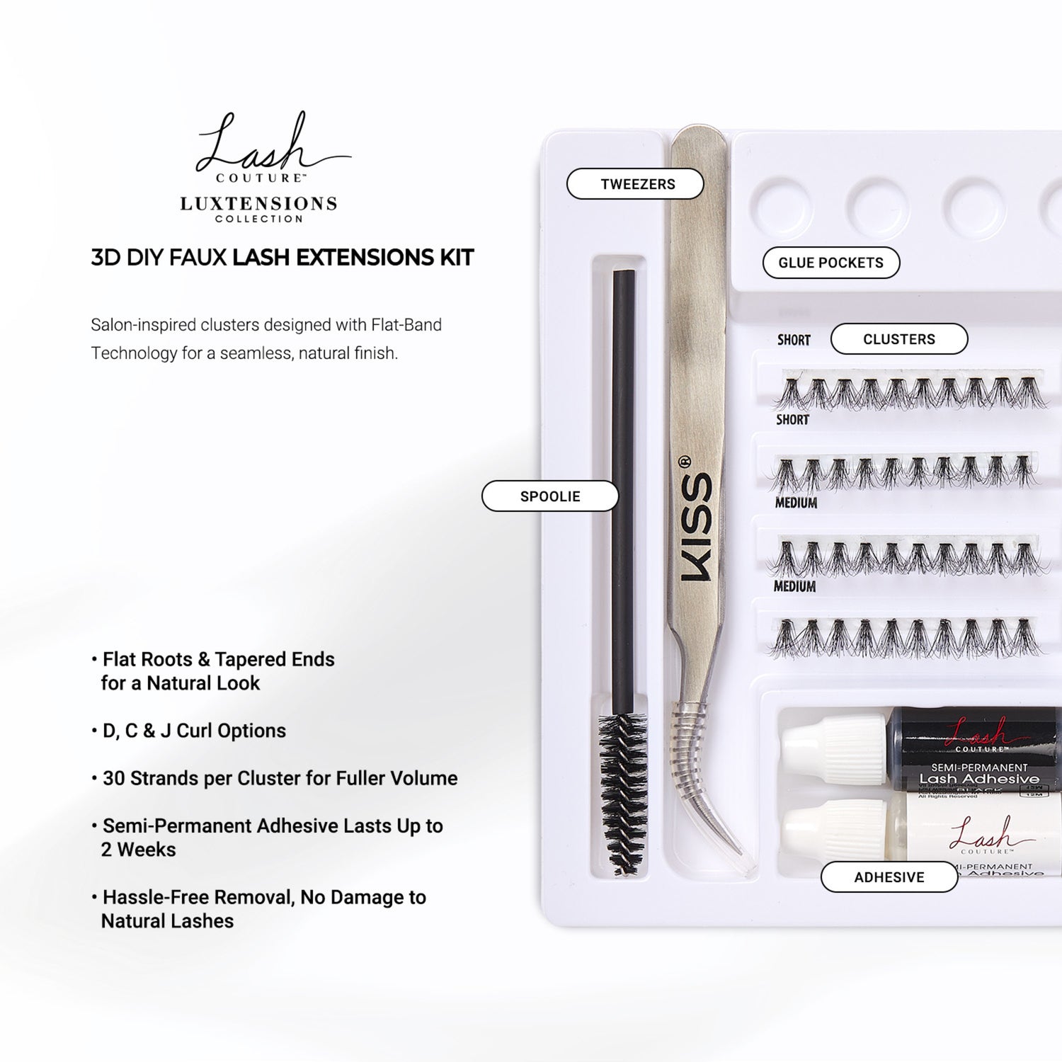 Lash Couture Luxtensions 3D DIY Faux Lash Extensions Kit with tweezers, spoolie, clusters, glue pockets, and adhesive.