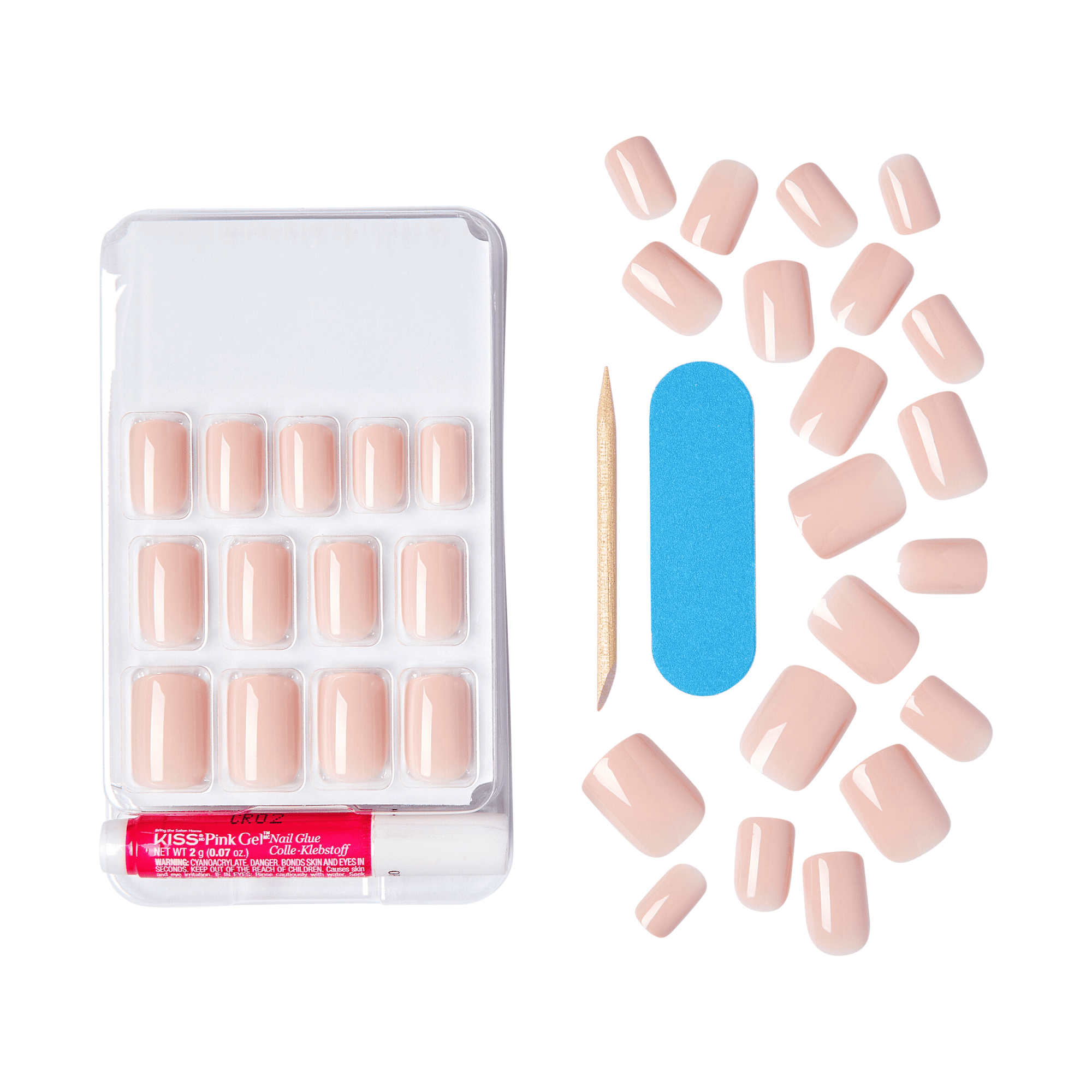 Set of pale pink press-on gel nails with nail glue tube, wooden cuticle stick, and blue nail file on white background; packaging text includes \