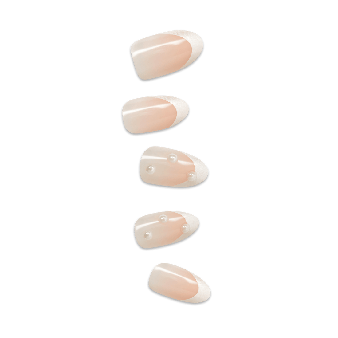 Five nude and white ombre oval press-on nails with rhinestone accents.