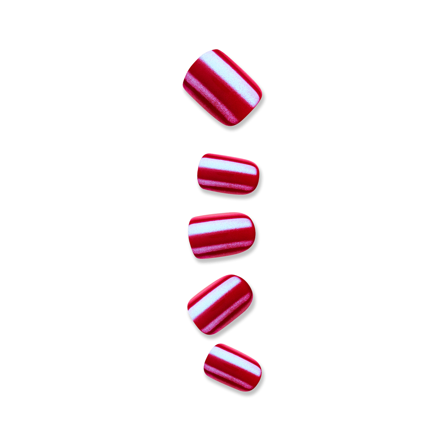 Shiny press-on nails in a vibrant red shade with metallic blue highlights, shown in five different sizes against a plain background.