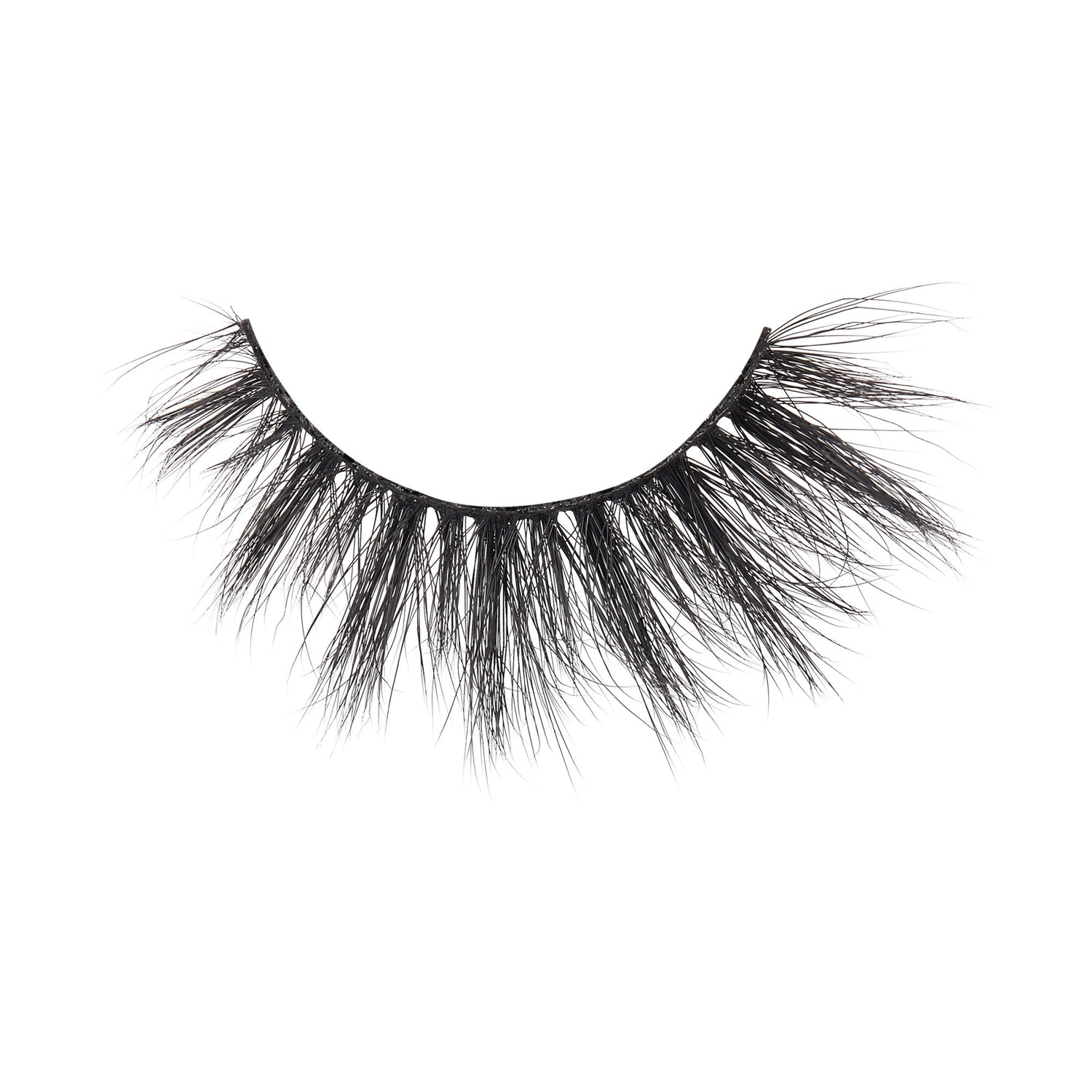 Single strip of black false eyelashes with a wispy, feathery design and varying lash lengths, shown on a white background.