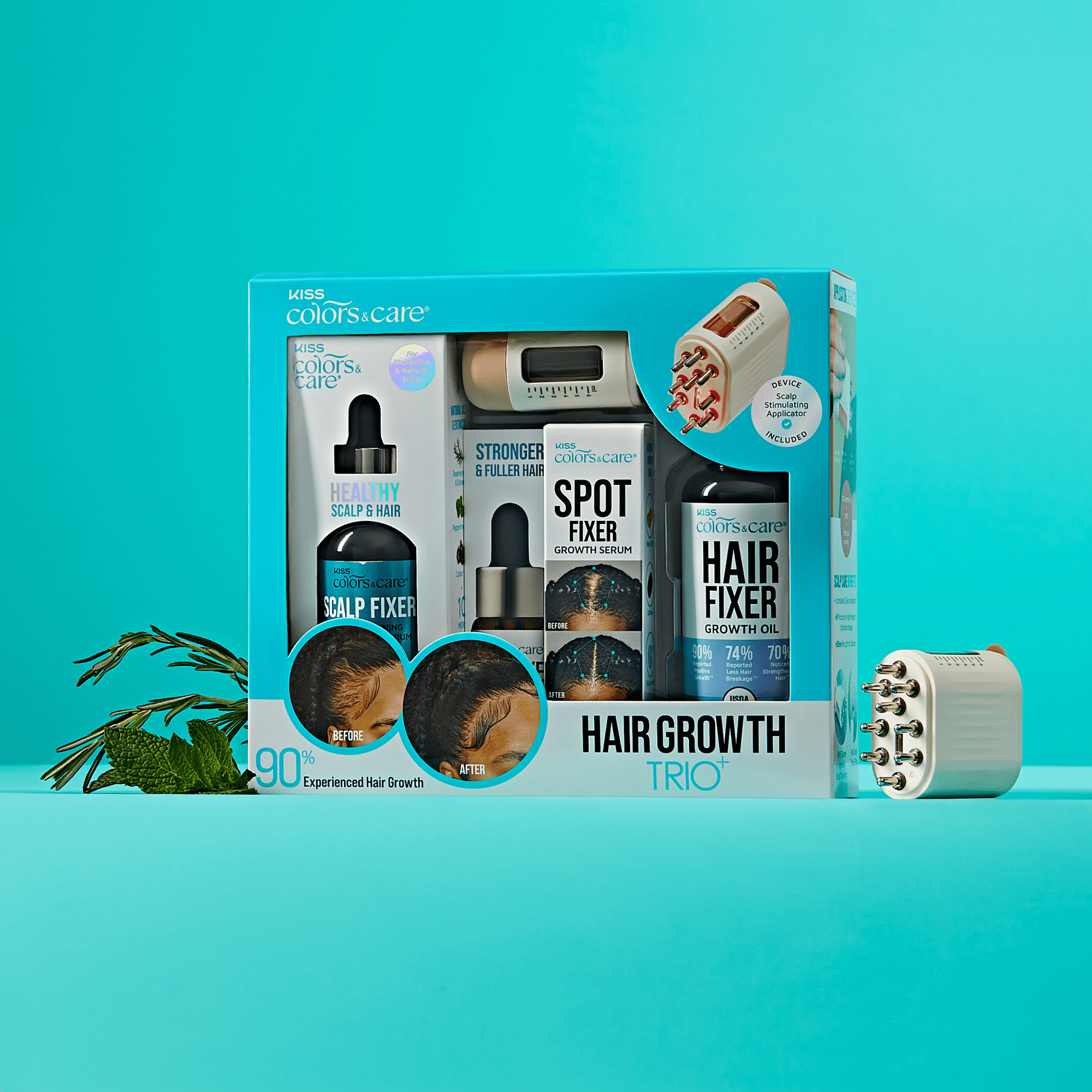 KISS Colors &amp; Care Hair Growth Trio box with scalp fixers, spot fixer, hair fixer, and a scalp stimulating applicator, showing before and after hair growth results.