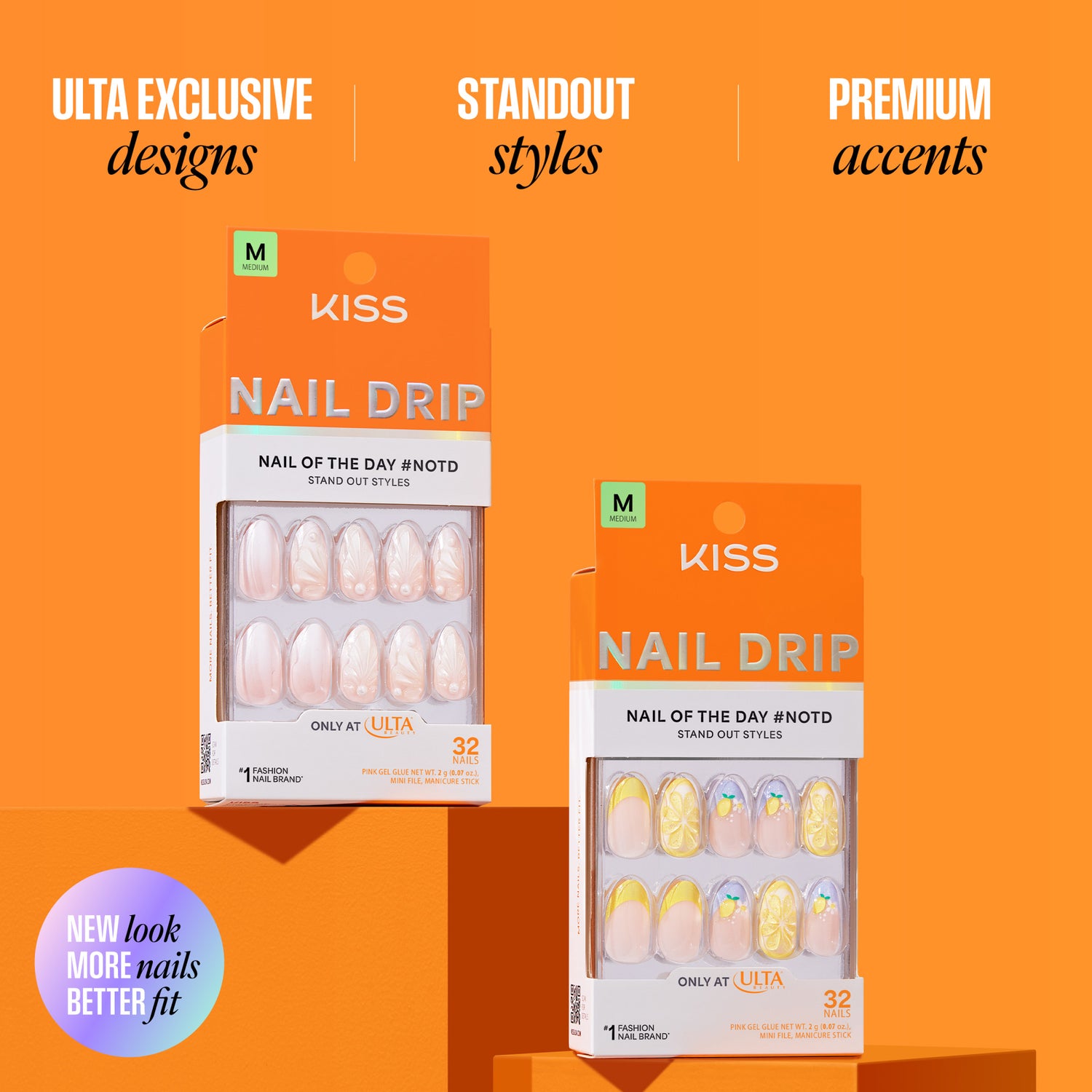 Kiss Nail Drip fake nails display with exclusive and premium styles on orange background.