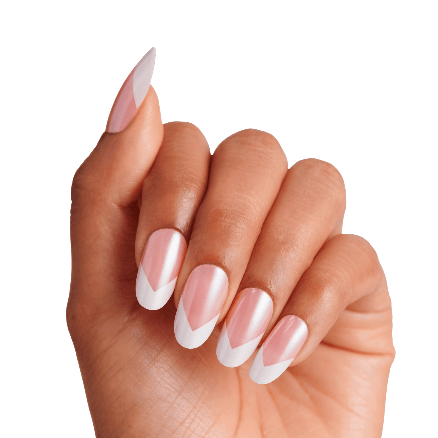 Hand with almond-shaped, press-on nails featuring a pink base and white chevron tips, showcasing the KISS X WICKED: FOR GOOD Good News Glinda nail design.