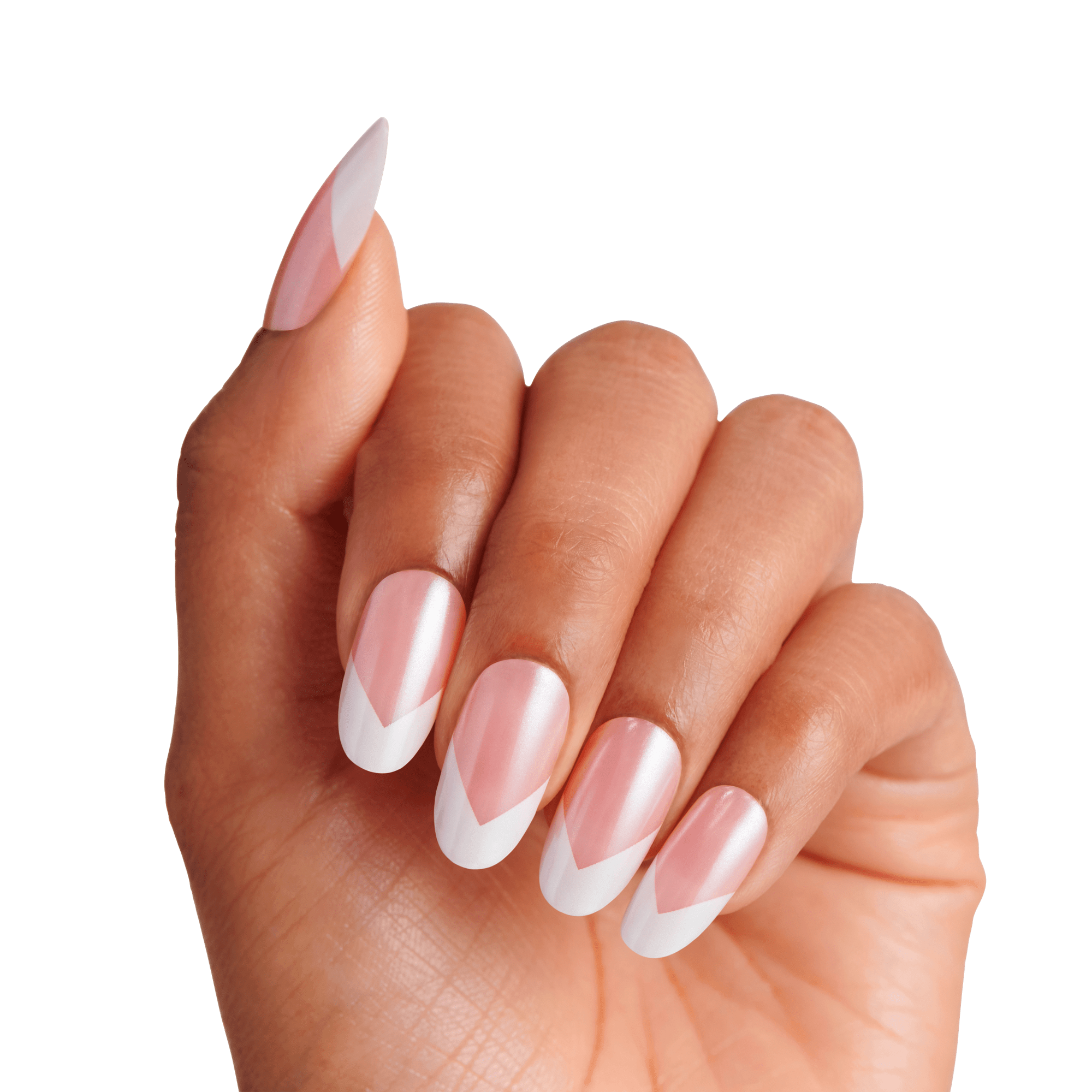 Hand with almond-shaped, press-on nails featuring a pink base and white chevron tips, showcasing the KISS X WICKED: FOR GOOD Good News Glinda nail design.