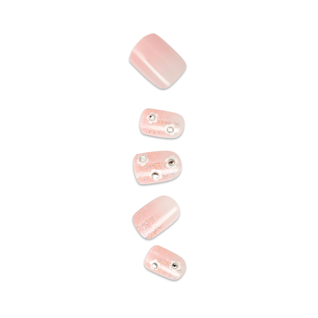 Five pink beads with glitter and metal holes for jewelry making.