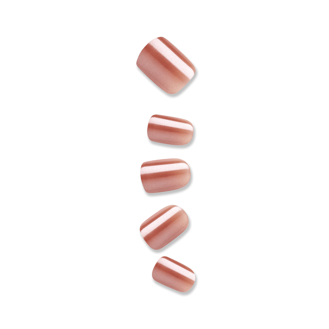Glossy rose gold press-on nails in five different sizes shown on a transparent background, featuring a smooth metallic finish.