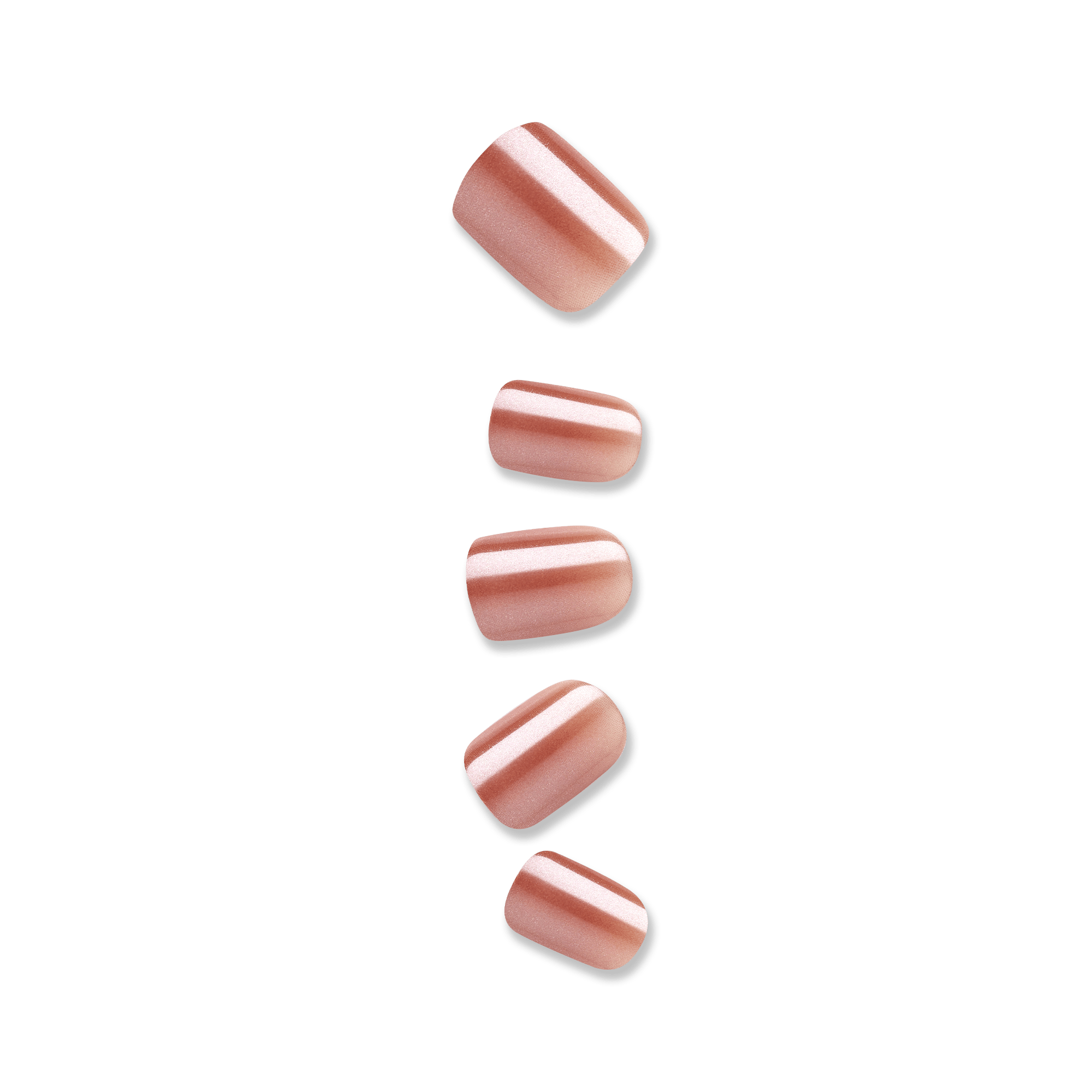 Glossy rose gold press-on nails in five different sizes shown on a transparent background, featuring a smooth metallic finish.