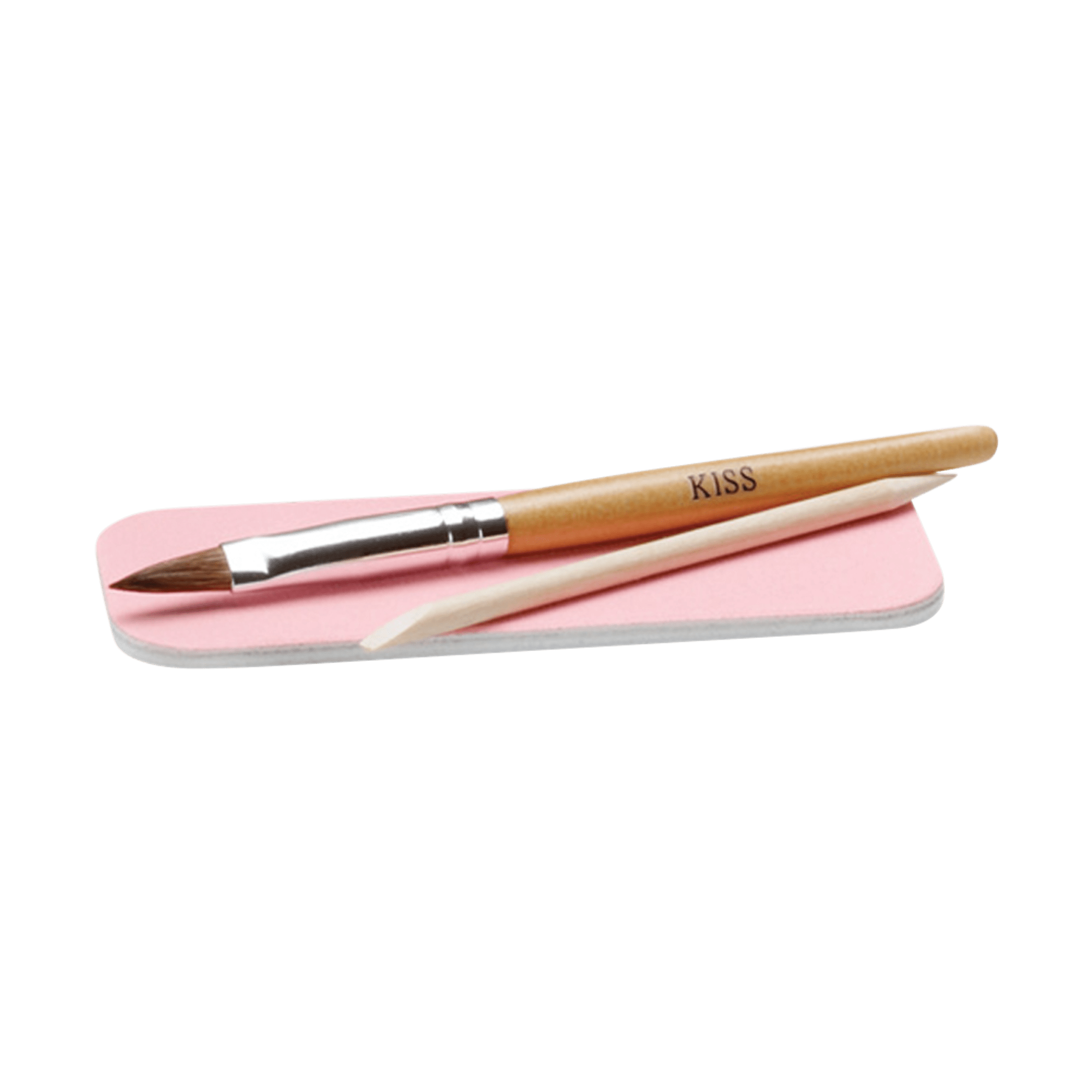 Wood-handled nail brush and wooden cuticle pusher resting on a rectangular pink buffer block, brush handle labeled \