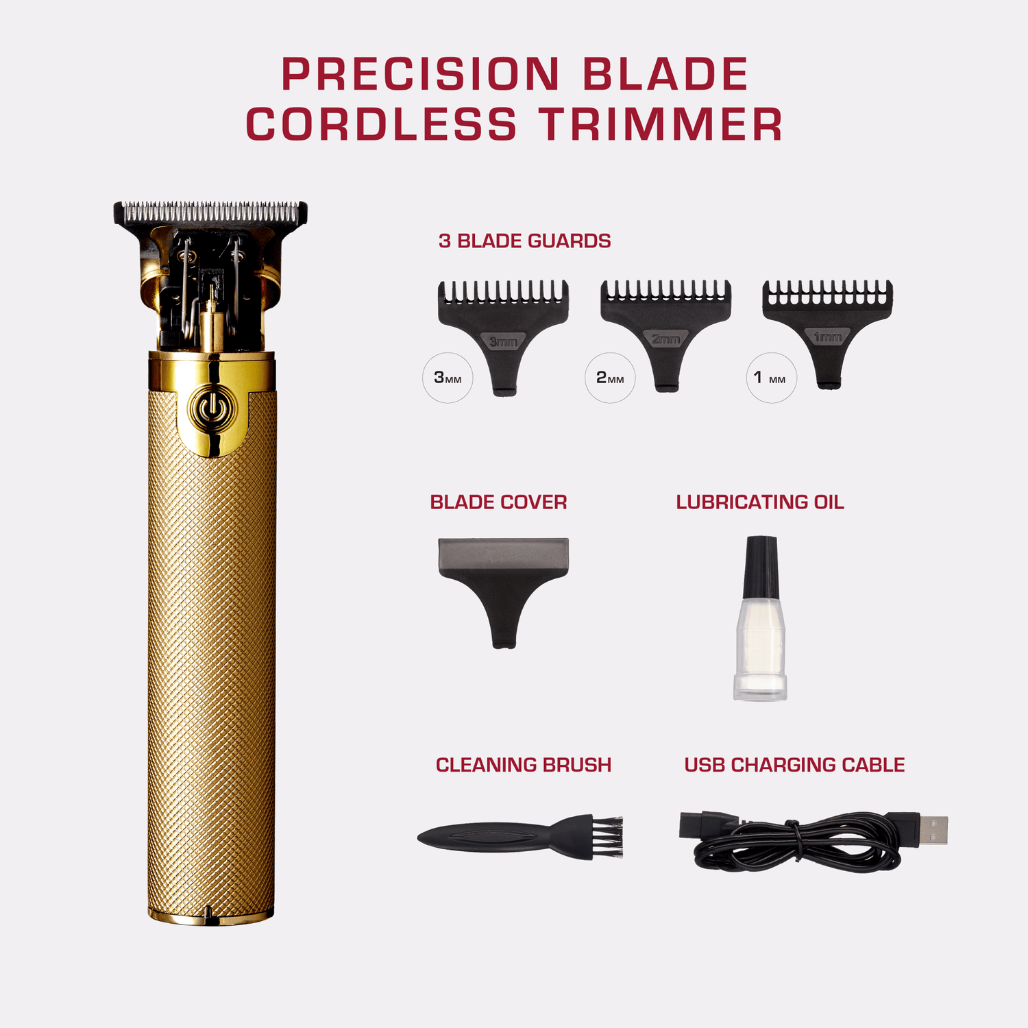 KISS Precision Blade Cordless Trimmer in gold with textured grip, includes 3 black blade guards (1mm, 2mm, 3mm), black blade cover, lubricating oil, cleaning brush, and USB charging cable.
