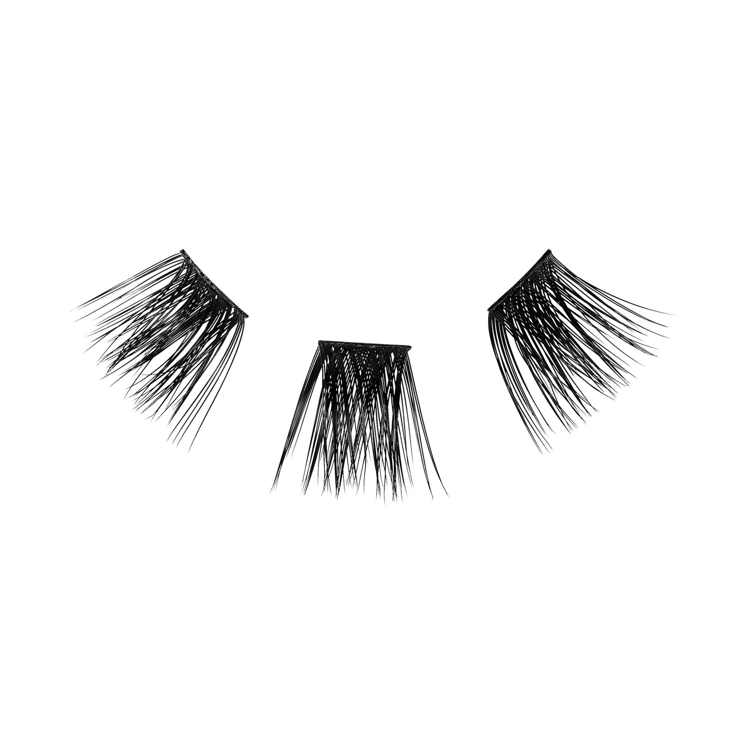 Three black false eyelash segments arranged on a white background, showing a wispy, dramatic style with uneven lengths, designed for added eye flair.