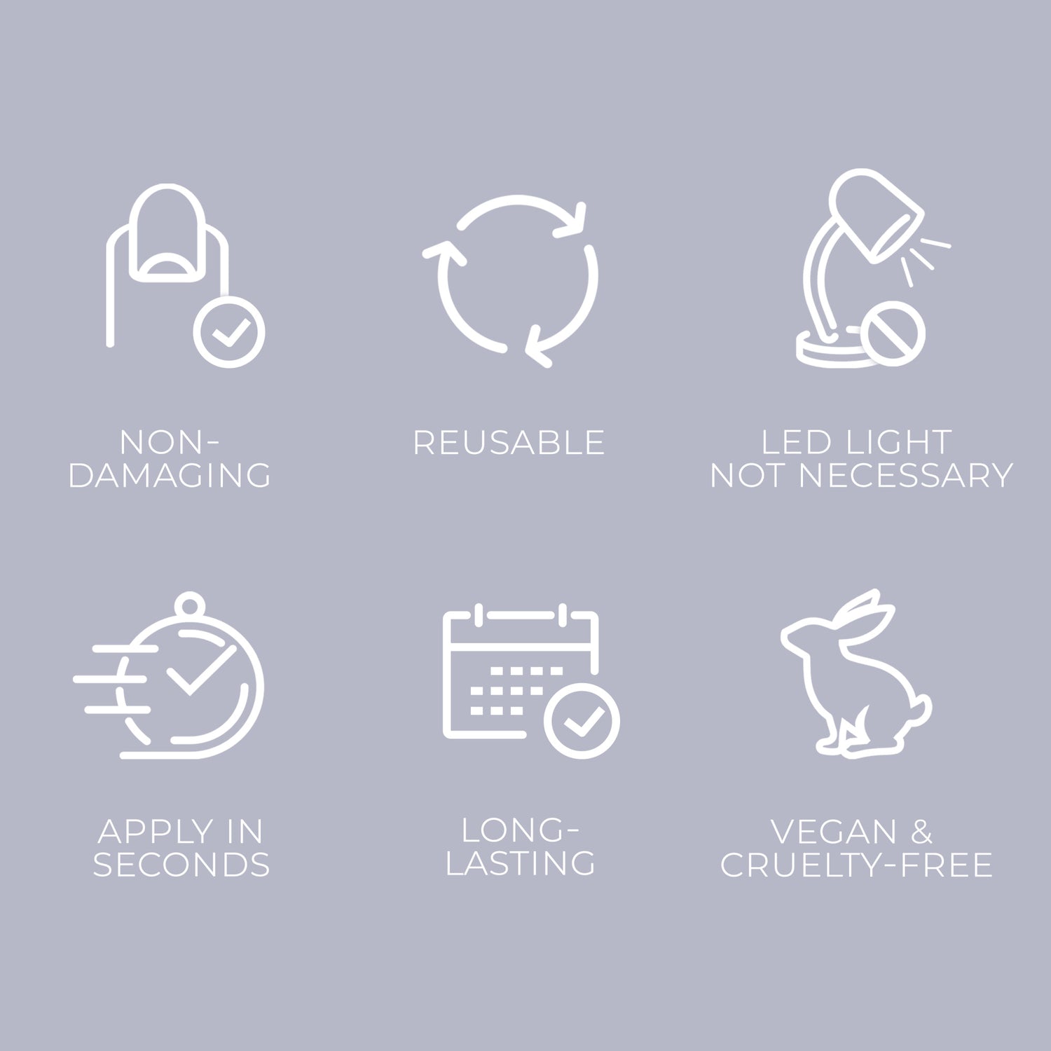 Six white line icons on a light purple background highlighting press-on nails&