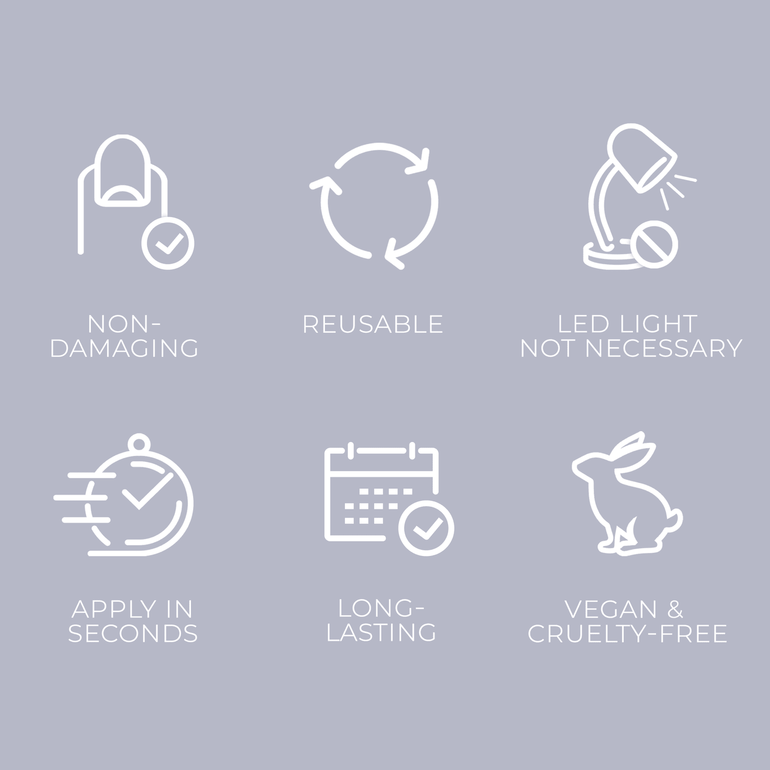 Six white icons with text on a lavender background highlighting product features: non-damaging nails, reusable, no LED light needed, quick application, long-lasting, and vegan cruelty-free.