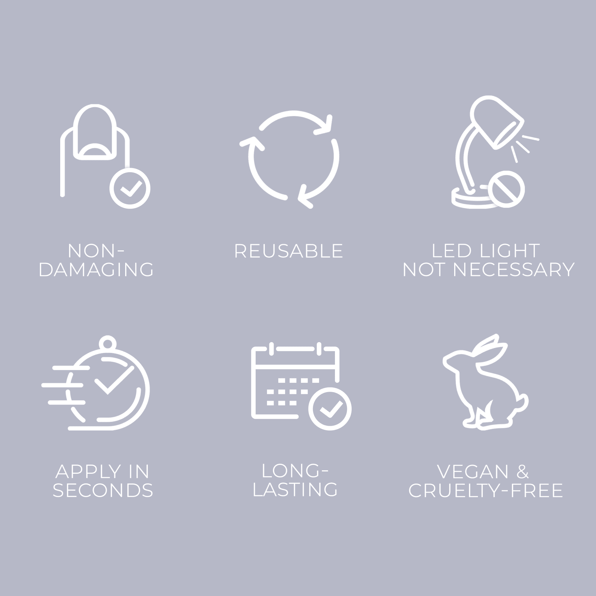 Six white icons with text on a lavender background highlighting product features: non-damaging nails, reusable, no LED light needed, quick application, long-lasting, and vegan cruelty-free.