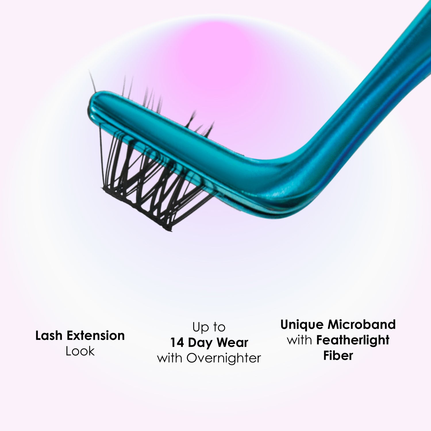 Close-up of a blue applicator holding black false eyelashes with text highlighting a lash extension look, up to 14-day wear, and a unique microband with featherlight fiber.