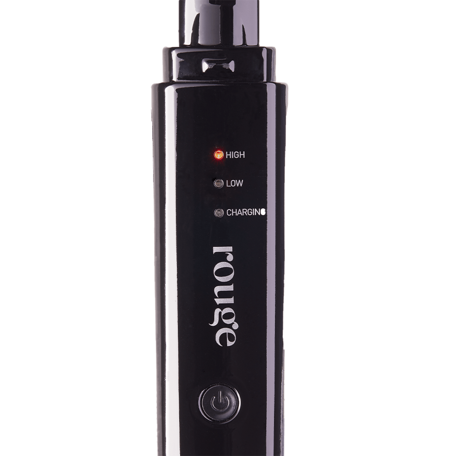 Close-up view of the black KISS Portable Cordless Flat Iron handle showing the \