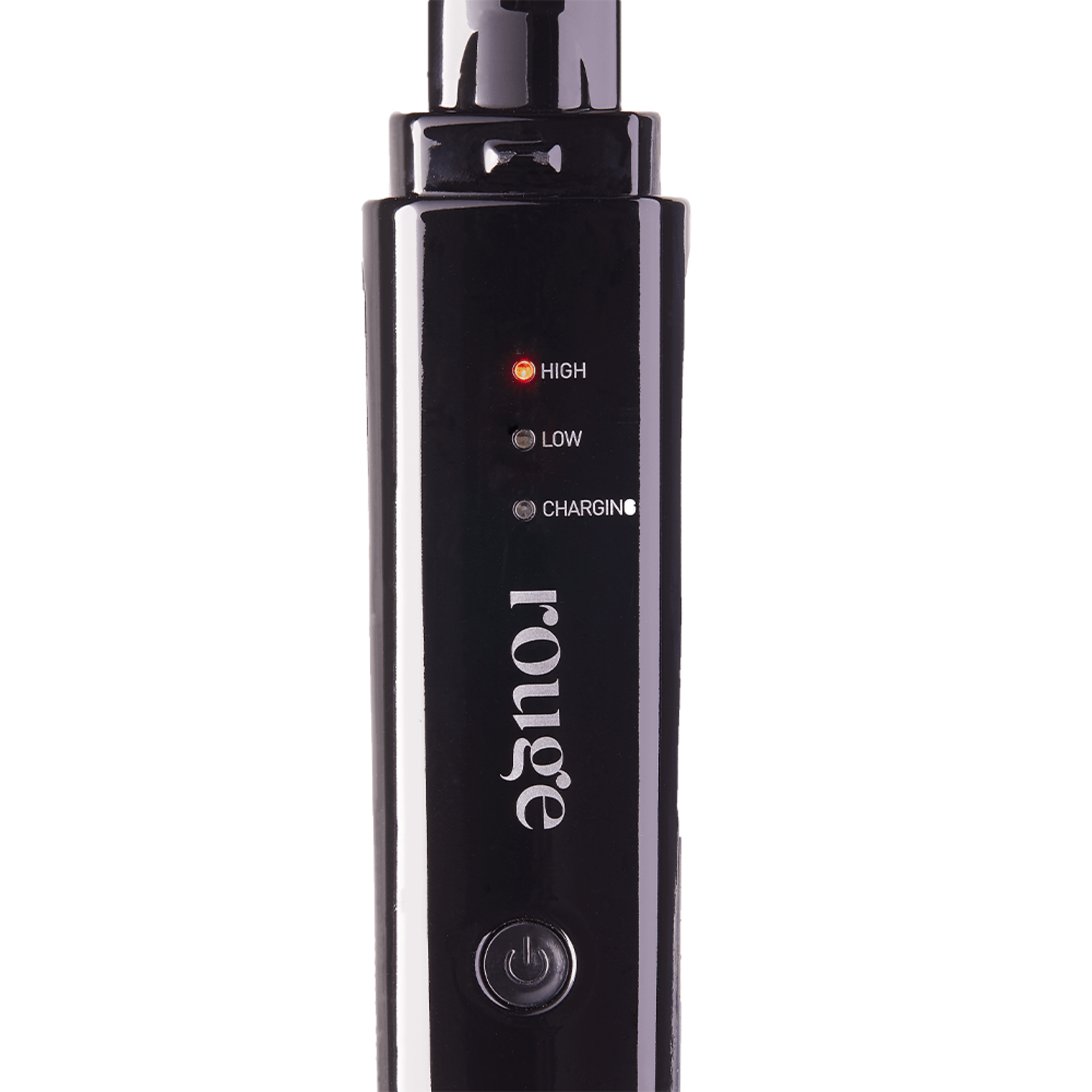 Close-up view of the black KISS Portable Cordless Flat Iron handle showing the \