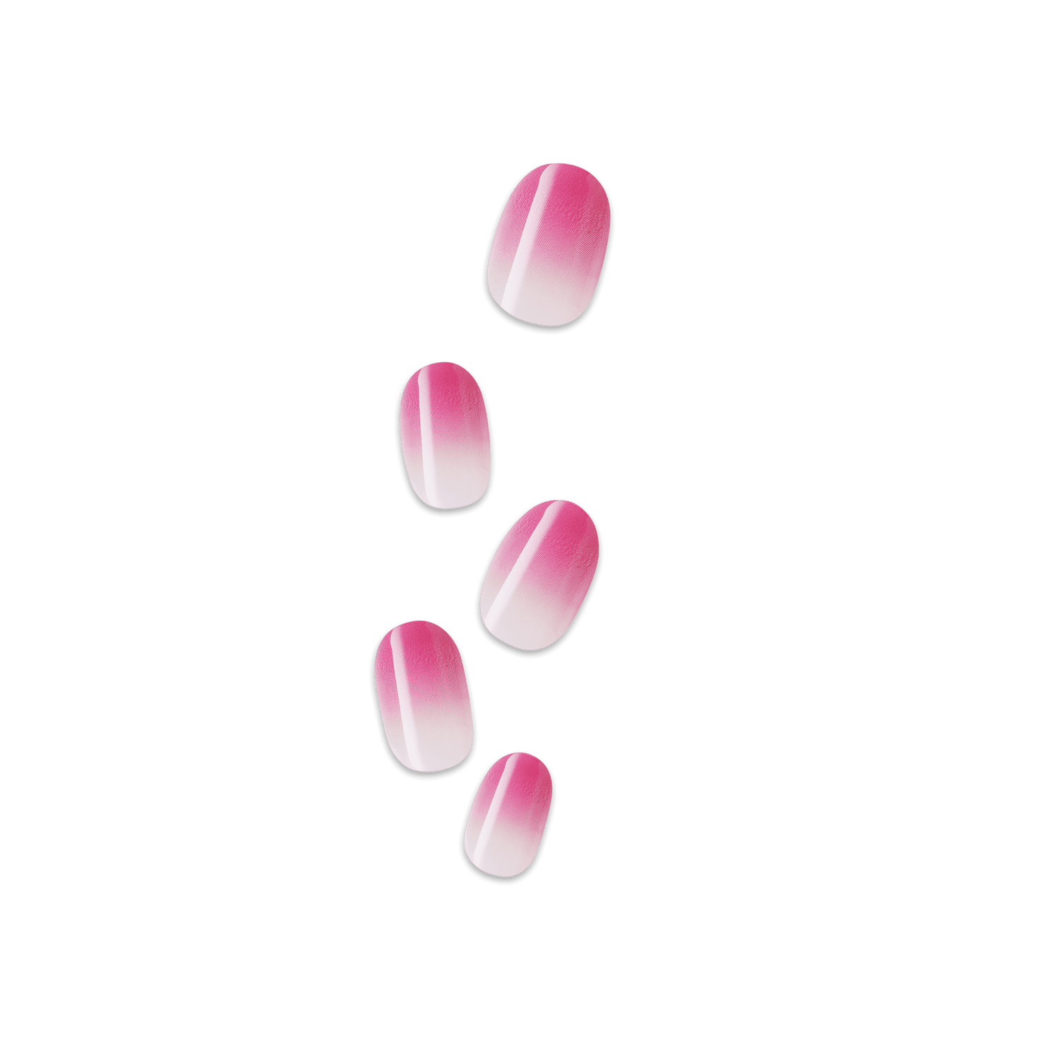 Set of six press-on nails displayed on a white background, featuring a pink-to-white ombre design with a glossy finish.