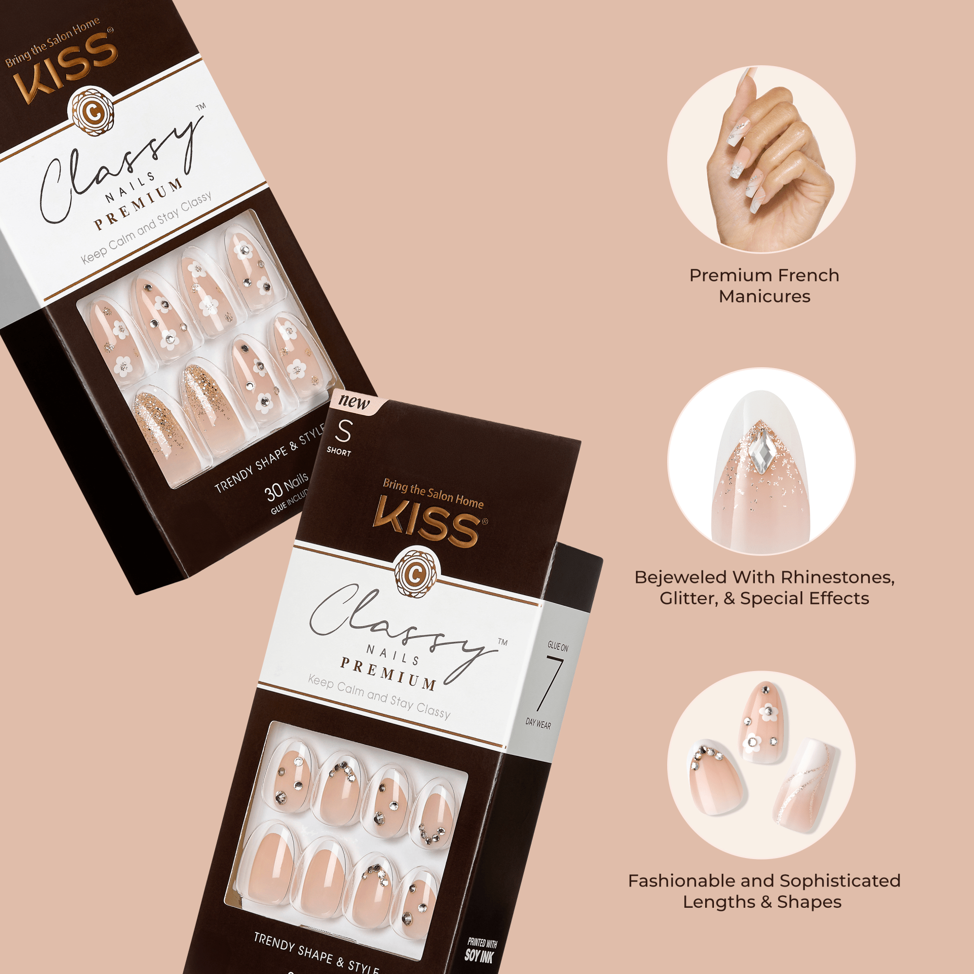 Two KISS Classy Premium Press On Glue Nails packages shown with nude and white floral designs, featuring rhinestones and glitter. Text highlights premium French manicures, bejeweled special effects, and fashionable shapes.