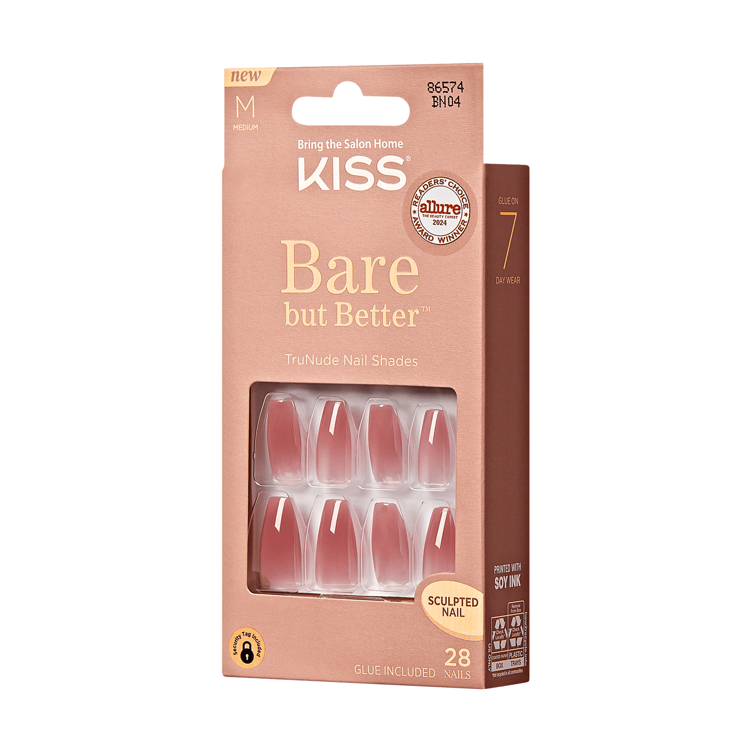 KISS Bare but Better press-on glue nails in medium size, nude shade, displayed in mauve packaging with 28 sculpted nails and glue included.