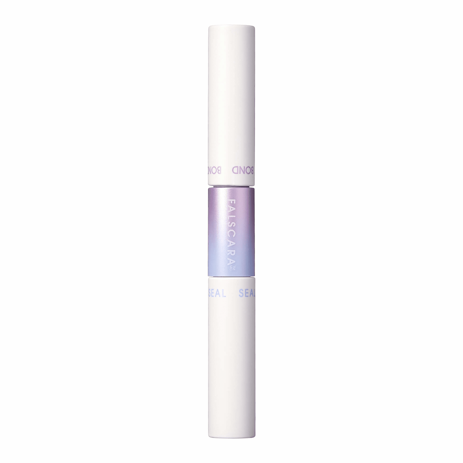 Dual-ended FALSCARA cosmetic tube with white caps and a purple-blue gradient center section labeled \