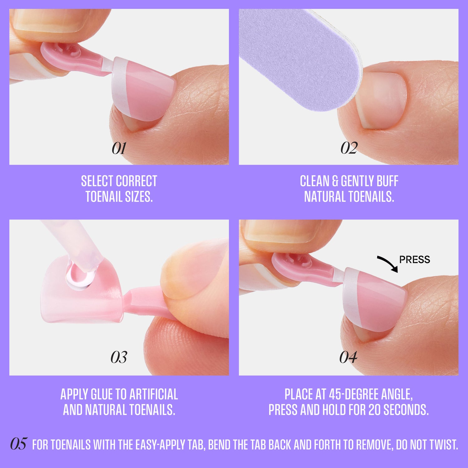 Step-by-step guide for applying artificial toenails with glue and pressing technique.
