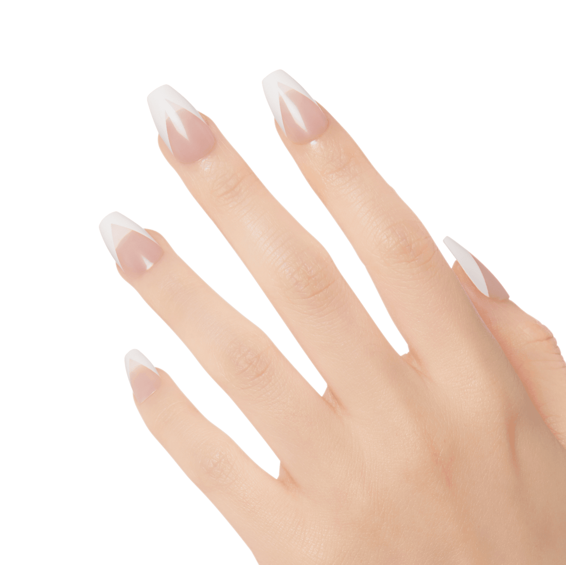 Hand with five long press-on nails featuring a translucent base and white geometric tips, styled in a coffin shape.