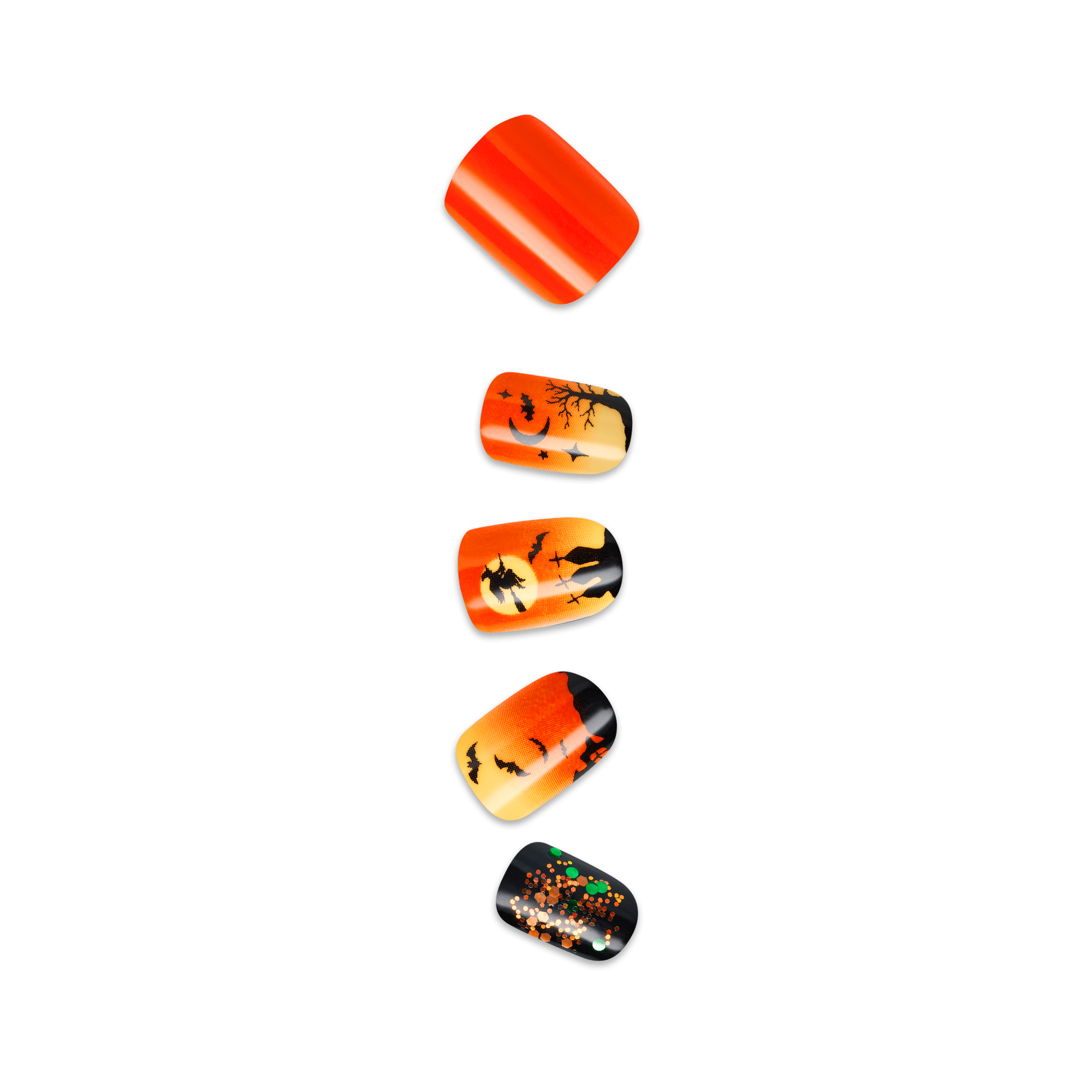 Impress Design Halloween No Glue Fake Press On Nails - Eternal Night | Design, Orange &amp; Black, Short, Squoval, Glow In The Dark, Manicure