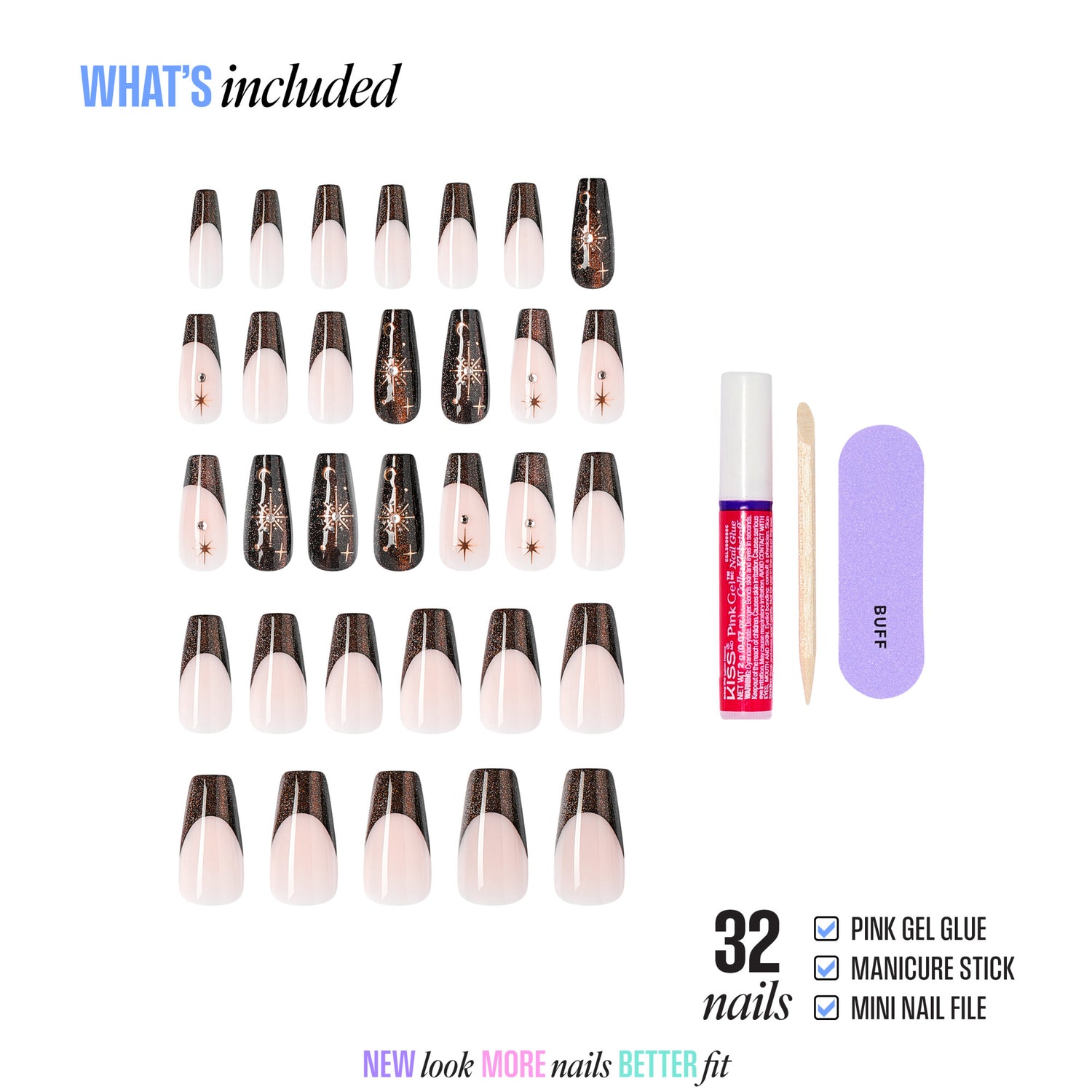 32-piece press-on nail set with gel glue, manicure stick, and nail file included.