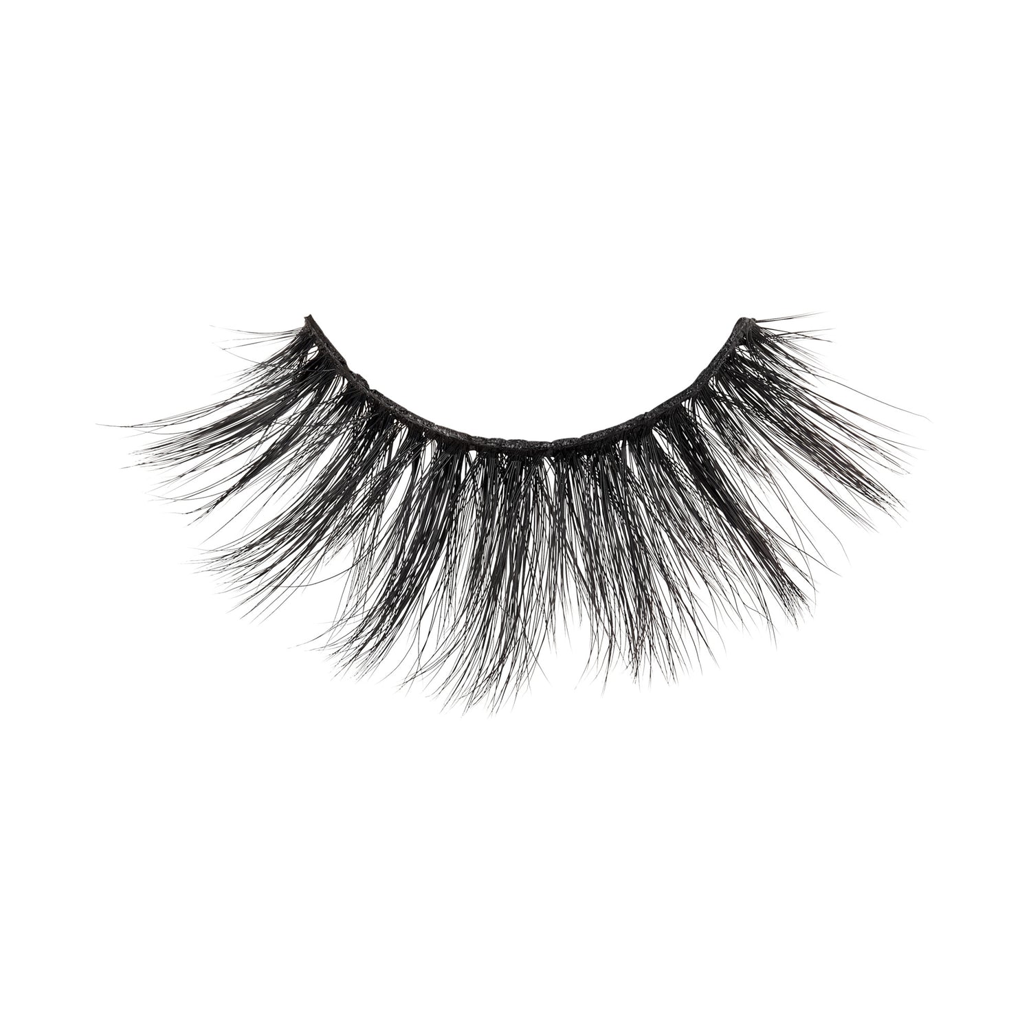 Single strip of KISS Lash Couture false eyelashes in matte black, featuring long, wispy fibers with a slightly tapered design on a thin black band.