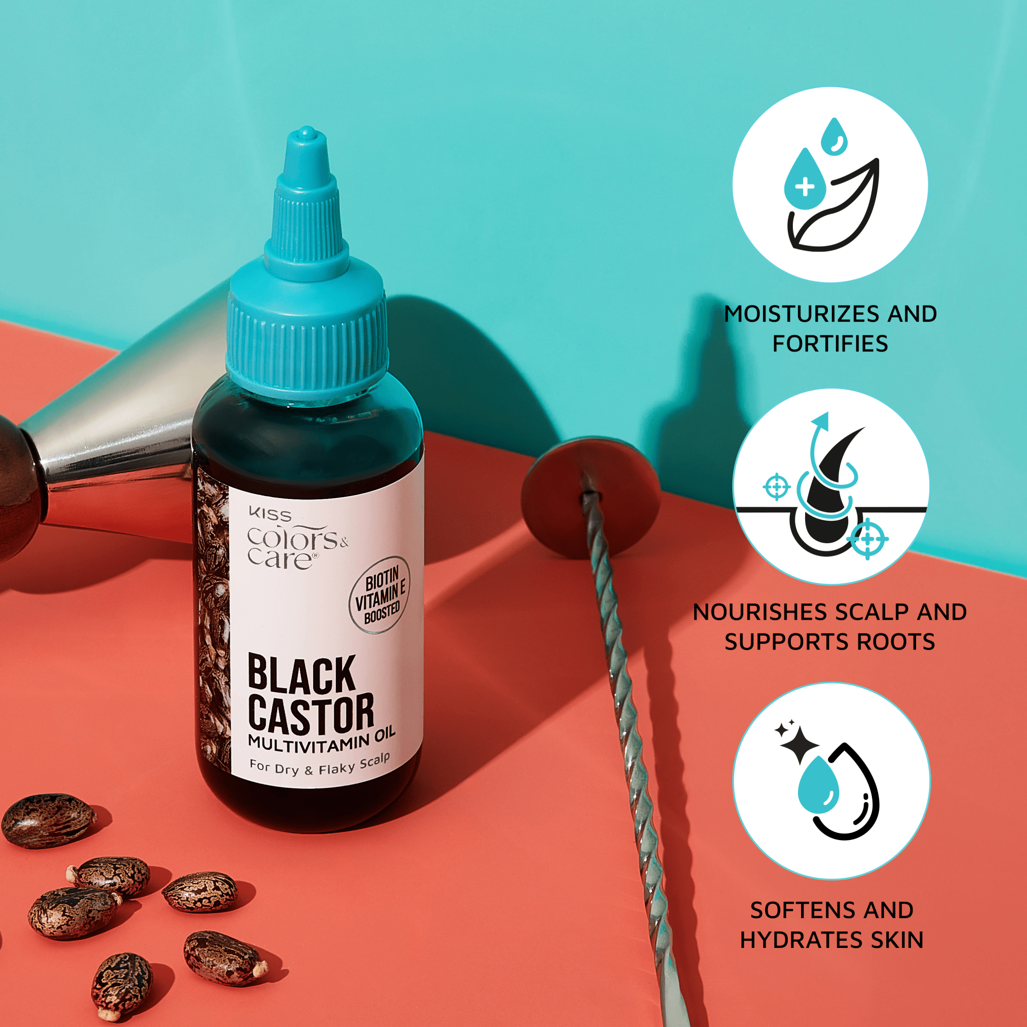 Bottle of KISS Colors &amp; Care Black Castor Multivitamin Oil with a blue cap, castor seeds nearby, and icons highlighting moisturizing, nourishing scalp, and hydrating skin benefits.