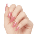 Hand with glossy, almond-shaped press-on gel nails in a muted rosy pink shade, shown from a slightly angled side view.