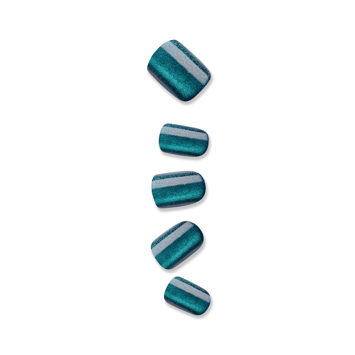Set of five teal metallic press-on nails with a shiny, glittery finish, displayed on a plain background.