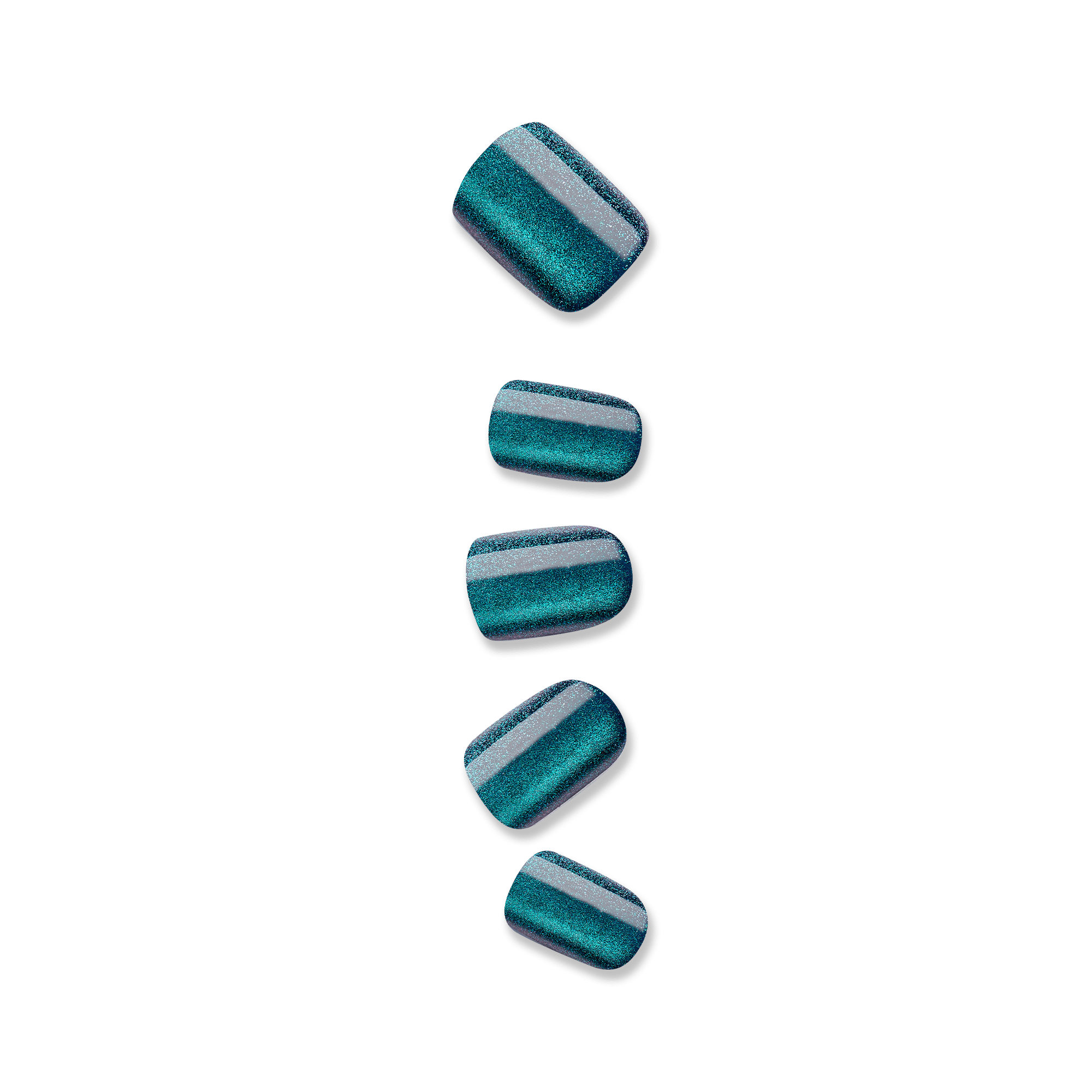 Set of five teal metallic press-on nails with a shiny, glittery finish, displayed on a plain background.