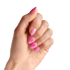 Hand with almond-shaped nails painted in matte pink shades, two nails feature dark pink decorative script letters.