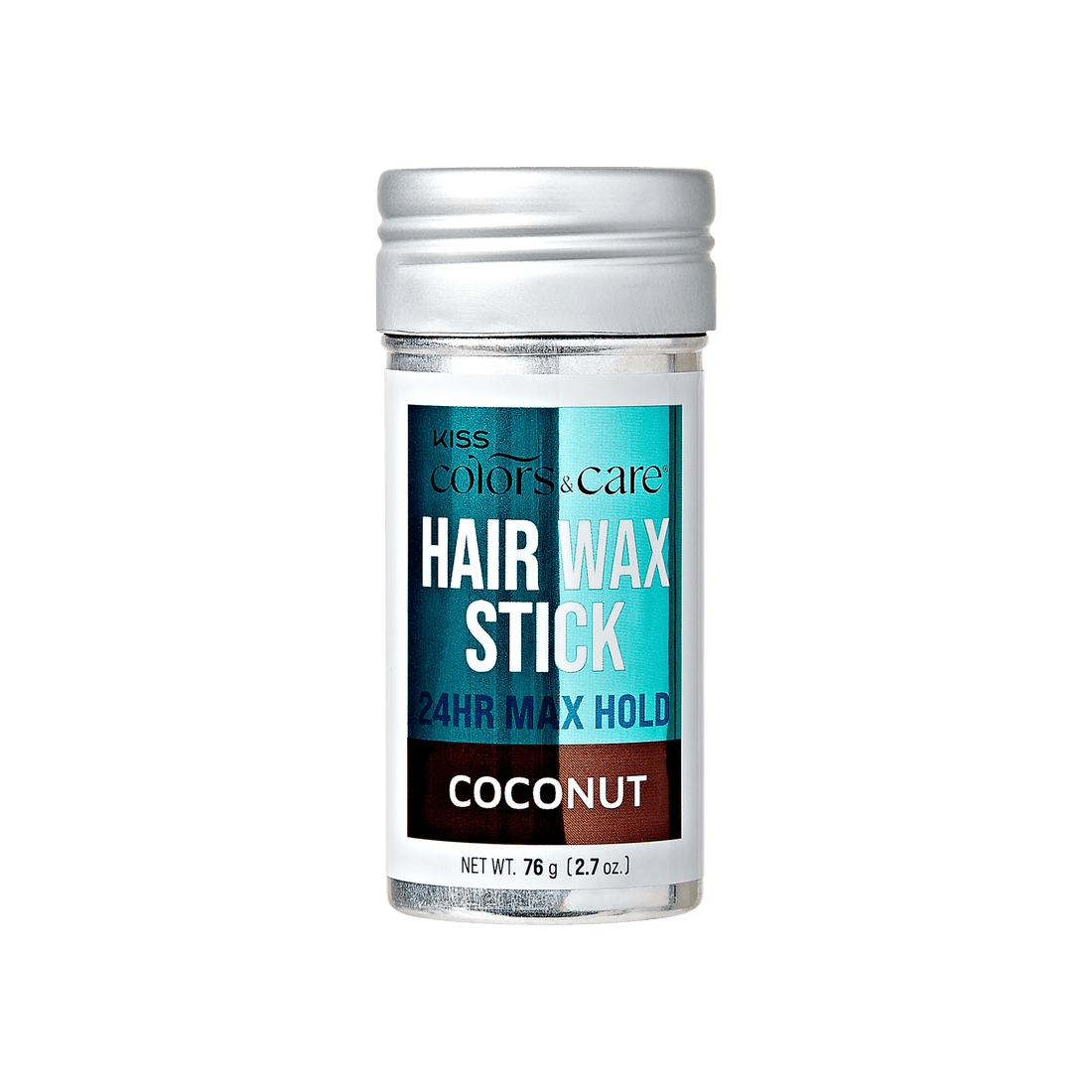 Clear plastic jar with silver lid containing KISS Colors &amp; Care hair wax stick in coconut scent, labeled for 24-hour max hold, 2.7 oz.