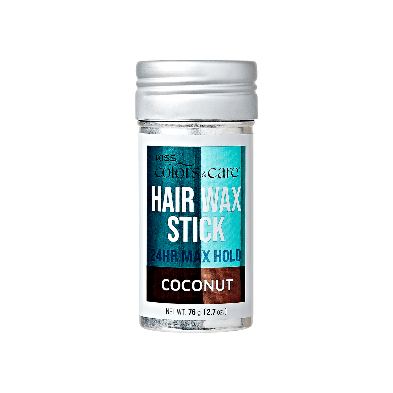 Clear plastic jar with silver lid containing KISS Colors &amp; Care hair wax stick in coconut scent, labeled for 24-hour max hold, 2.7 oz.