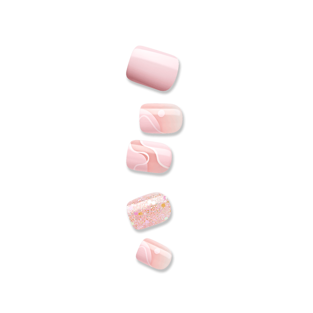Five press-on nails in varying sizes, featuring soft pink shades with white swirl designs and one nail covered in pink glitter with gold accents.