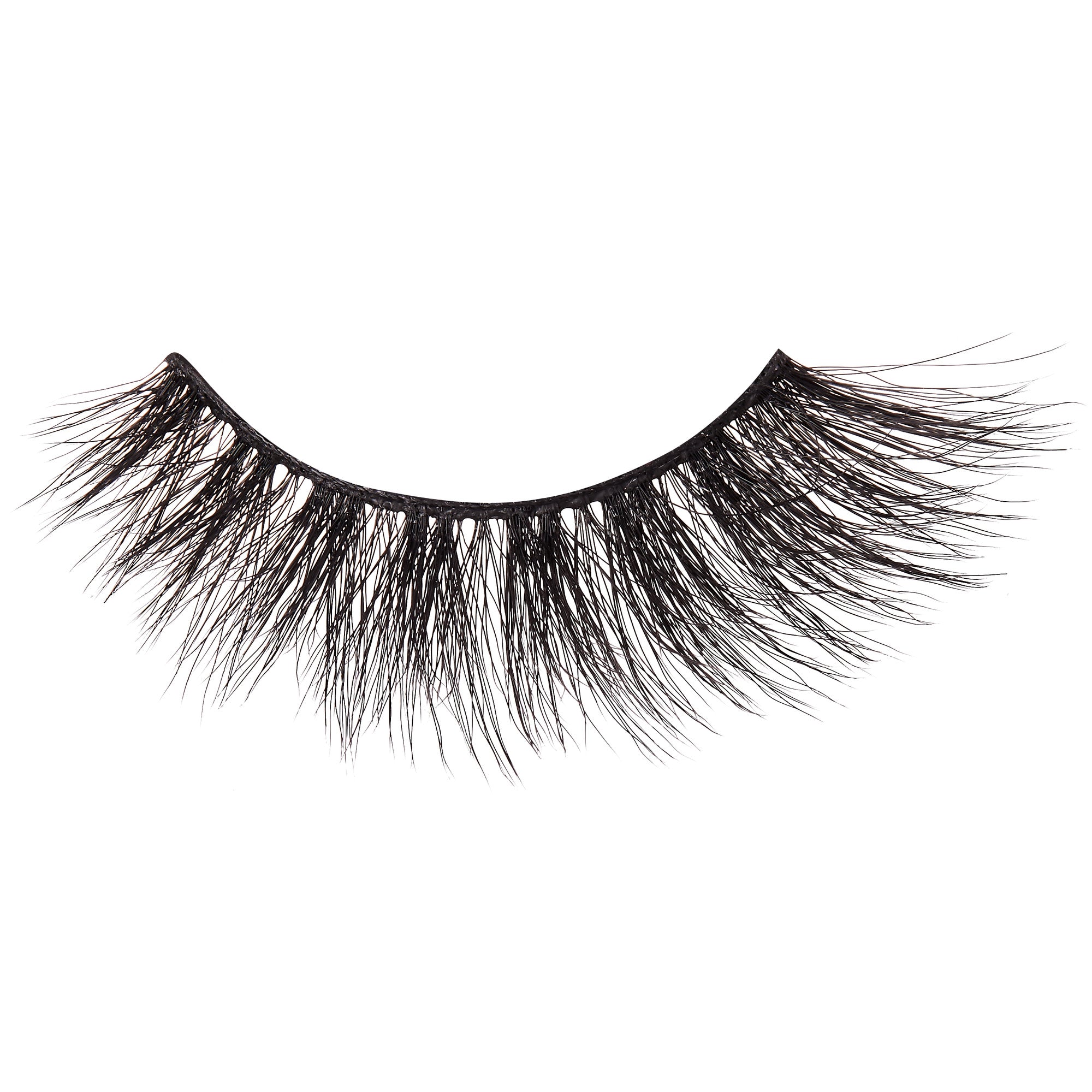 Single black false eyelash strip with a wispy, voluminous design, displayed against a white background.