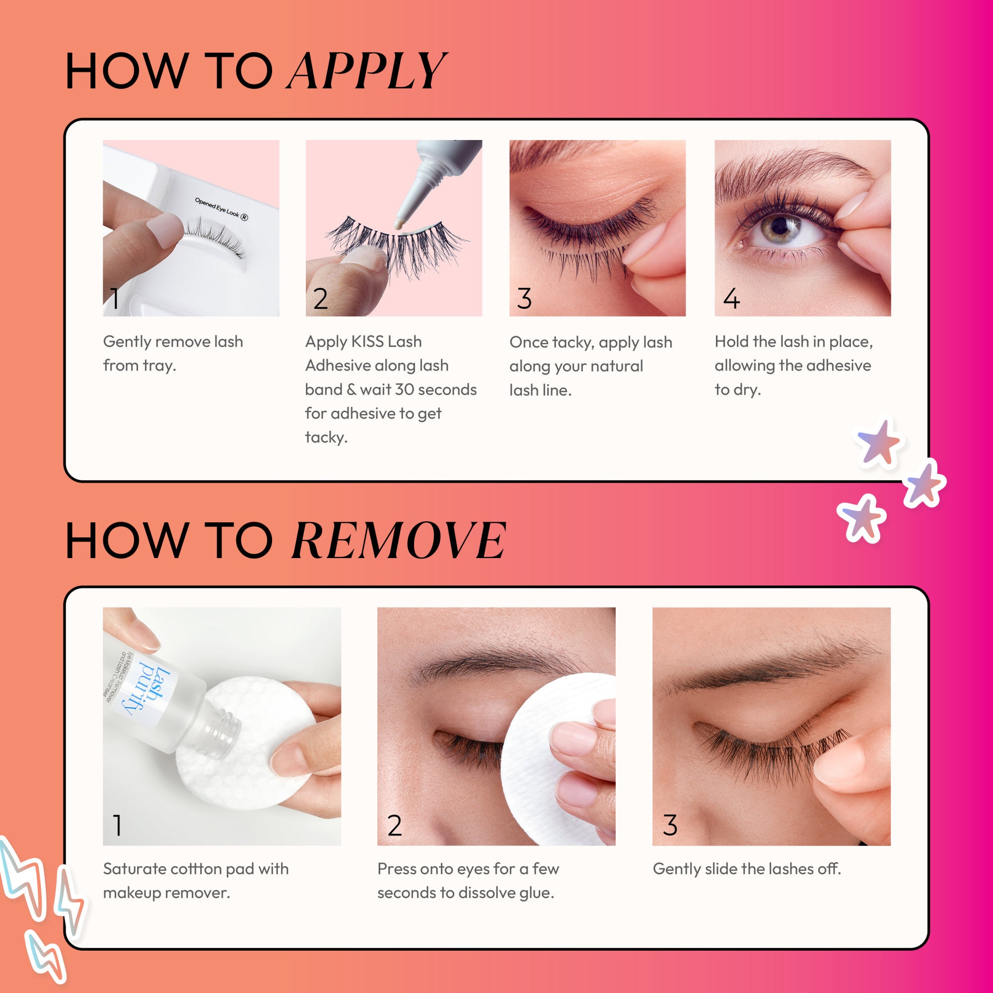 Step-by-step guide showing how to apply and remove KISS Filter Lashes. Apply adhesive to lash band, wait 30 seconds, place on natural lash line, hold to dry. To remove, saturate cotton pad with makeup remover, press on eyes, then gently slide lashes off.