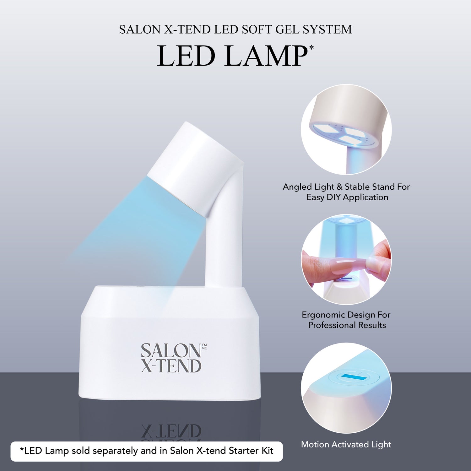 White Salon X-tend LED soft gel system lamp angled with blue light, showing stable stand, ergonomic design for nails, and motion-activated light features.