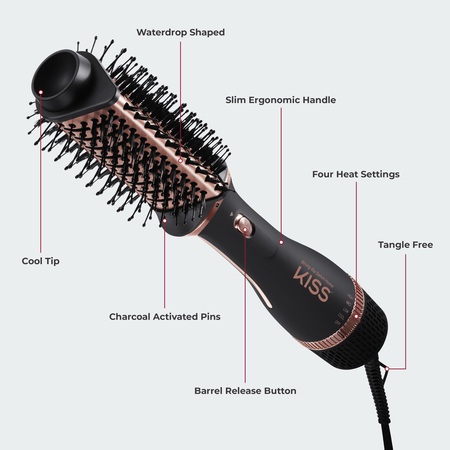 Black and rose gold KISS Volume Boosting Air Brush with waterdrop-shaped barrel, charcoal-activated pins, cool tip, slim ergonomic handle, barrel release button, four heat settings, and tangle-free cord.