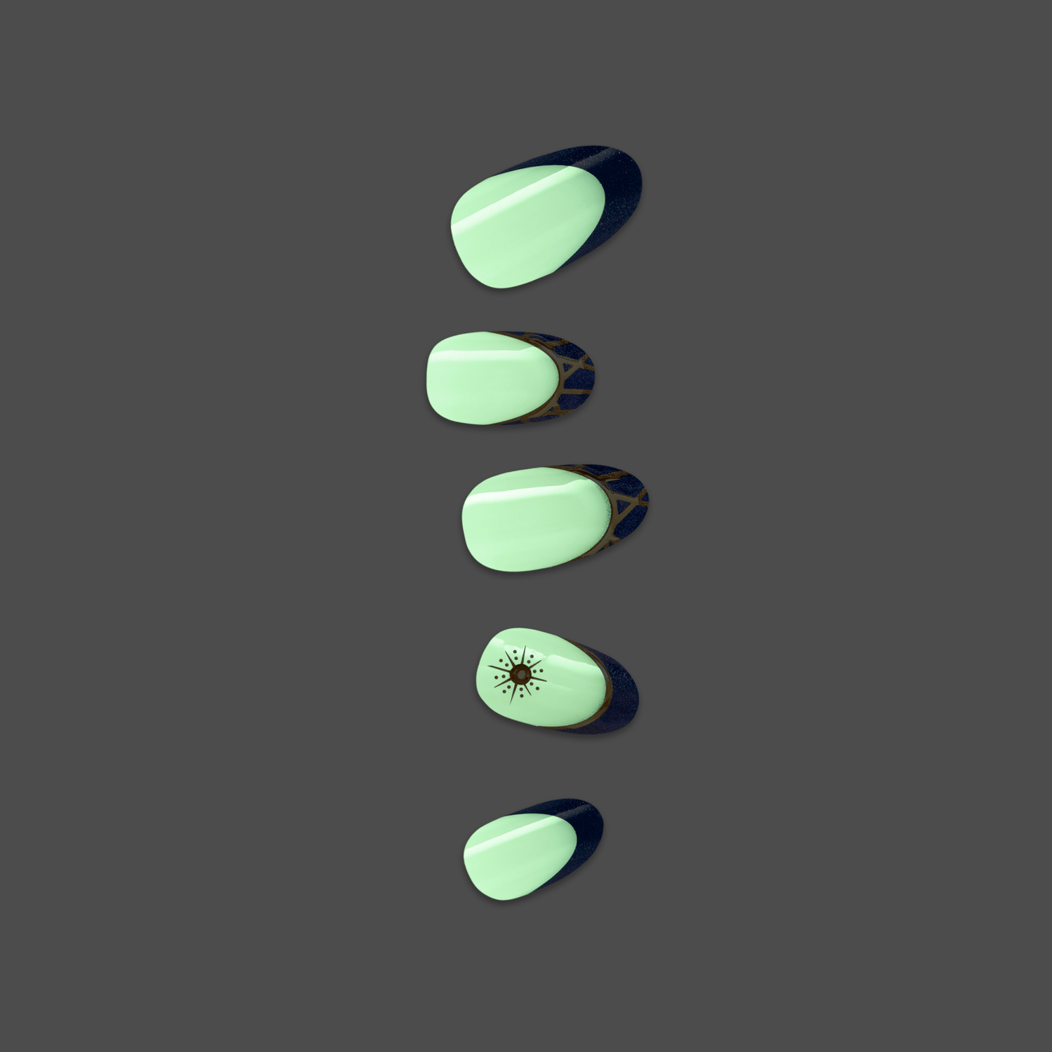 Five glowing mint-green oval stones with dark edges on gray background.