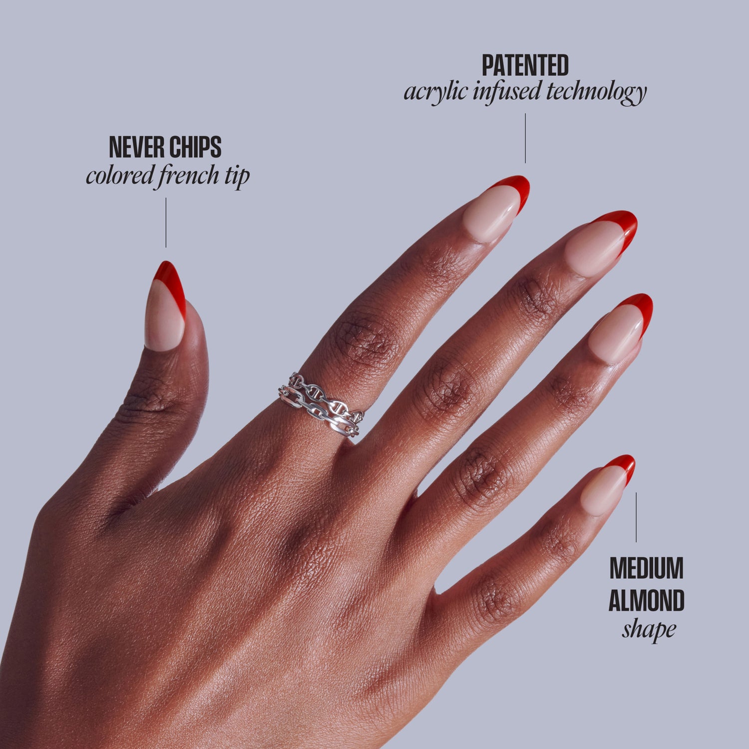 Red French tip acrylic nails with patented acrylic infused technology on medium almond shape.