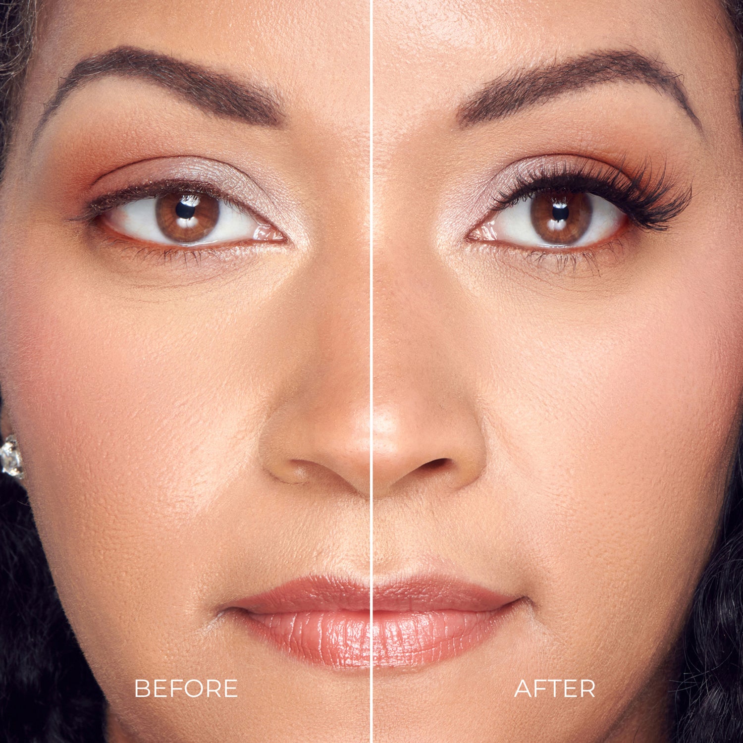 Before and after makeup comparison showing eye makeup and lash application.