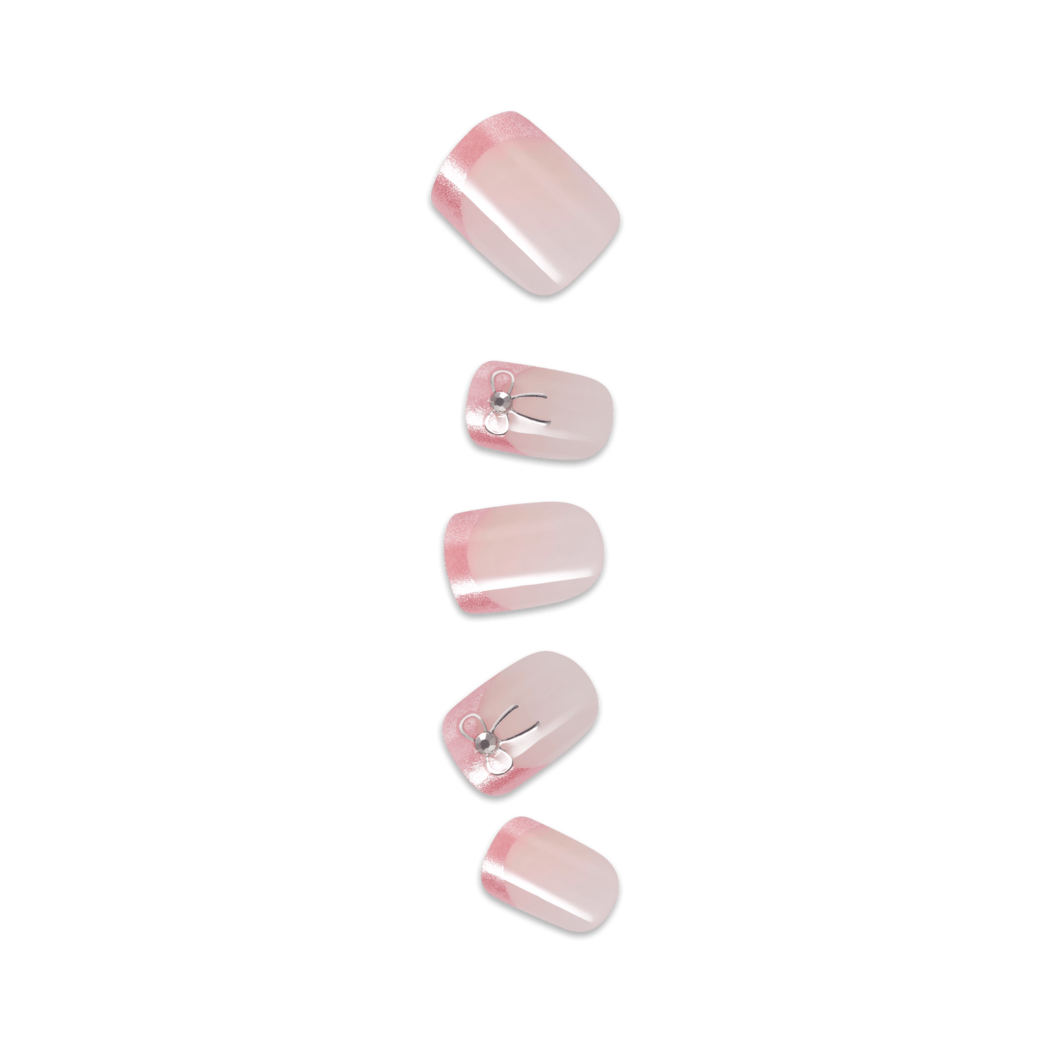 Five pink ombre press-on nails with floral rhinestone accents and white stripes.