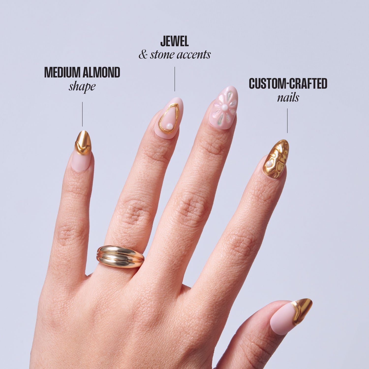 Hand displaying manicure with medium almond nails, gold accents, and jewelry with labeled design elements.