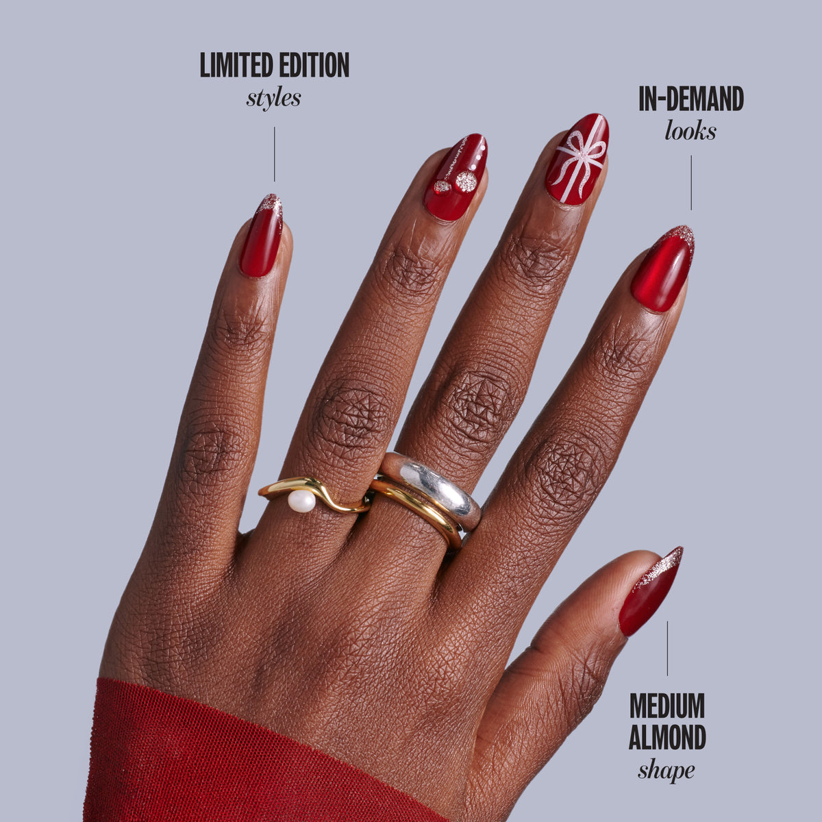 Kiss Merry Holiday Press On Fake Glue Nails - Deck The Nails | Design, Red &amp; White, Medium, Almond