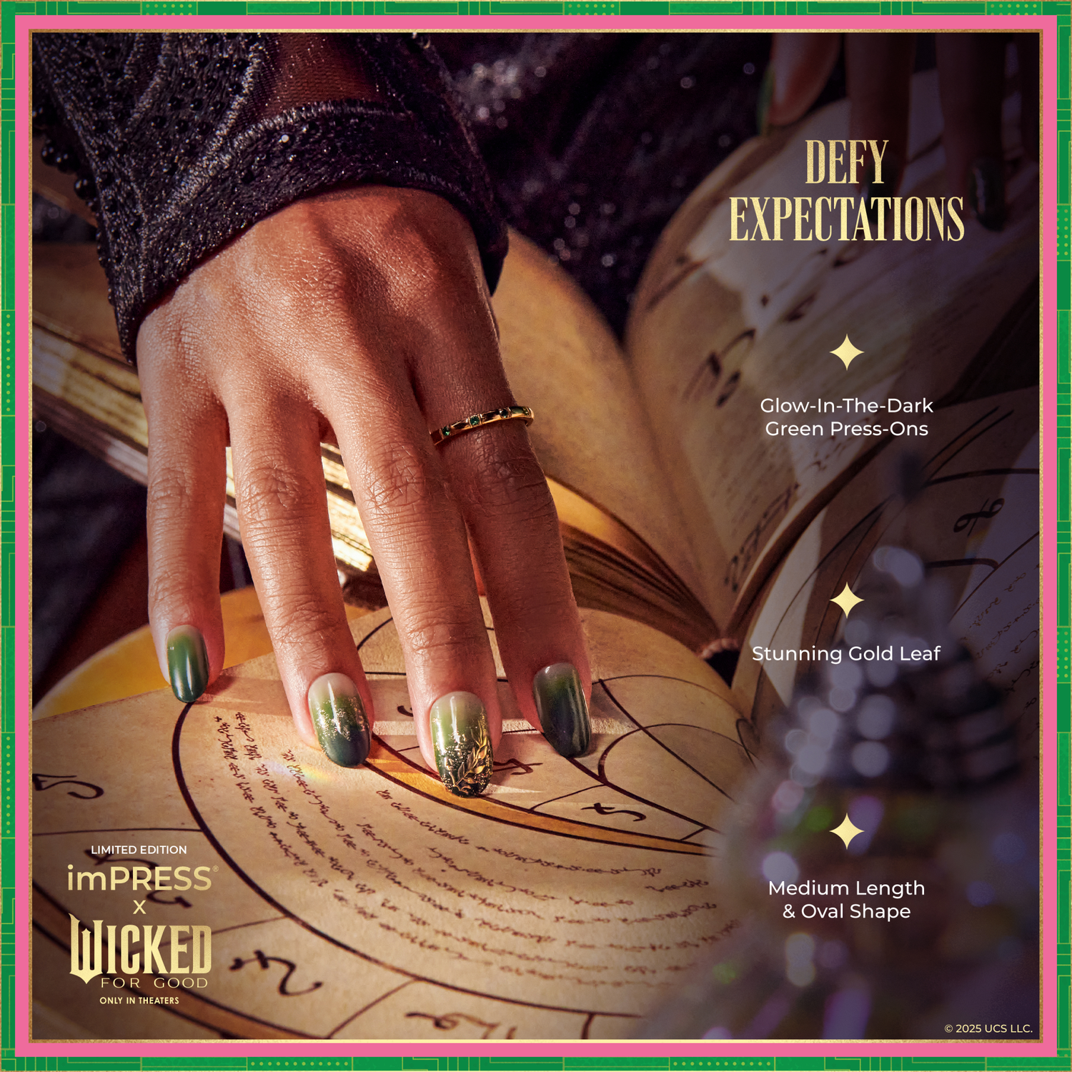 Hand with medium-length oval-shaped green ombre press-on nails featuring gold leaf accents over an open ancient-style book; text highlights glow-in-the-dark nails, gold leaf, and medium length.