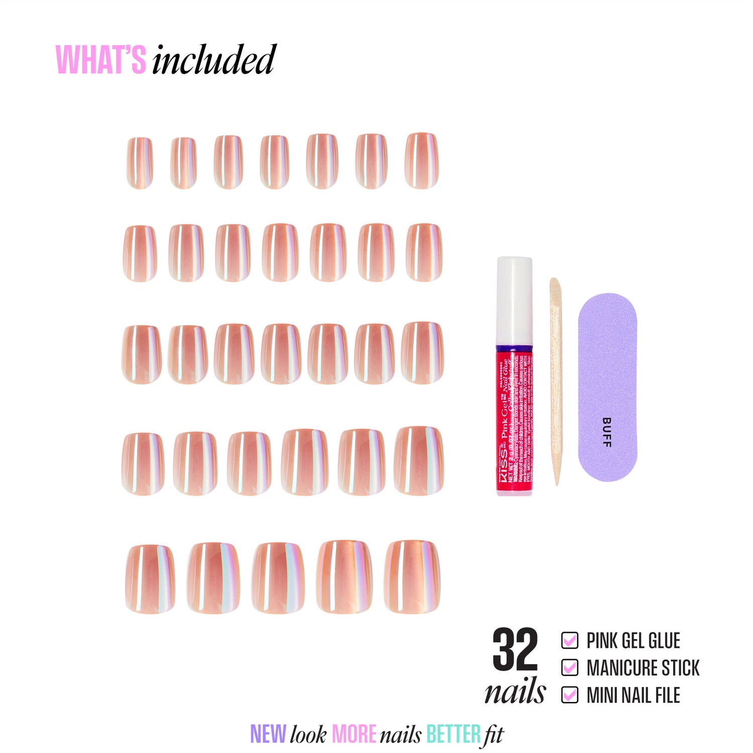 32 striped press-on nails with pink gel glue, manicure stick, and nail file included.